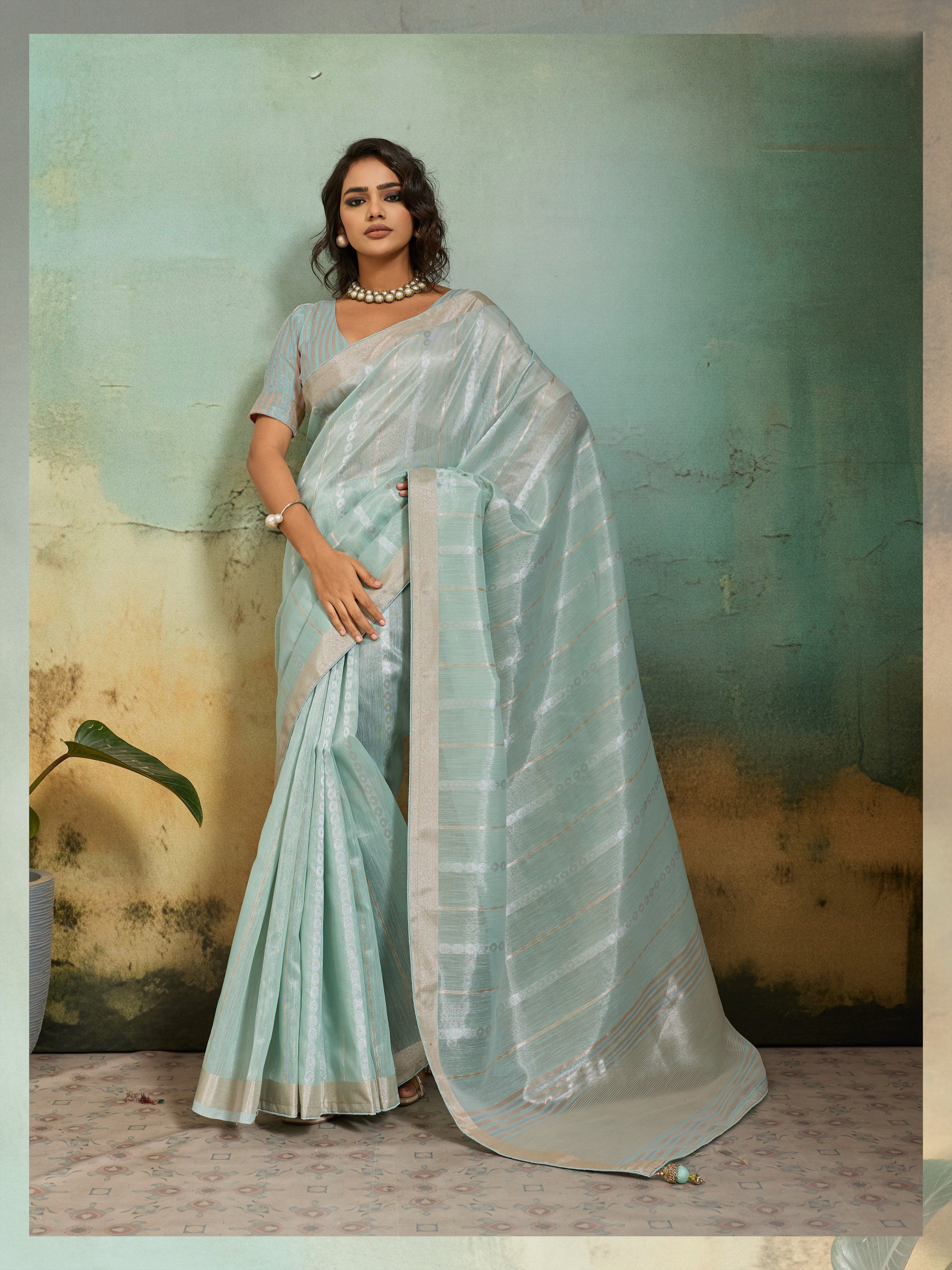 Blue Tissue Linen Blend Saree