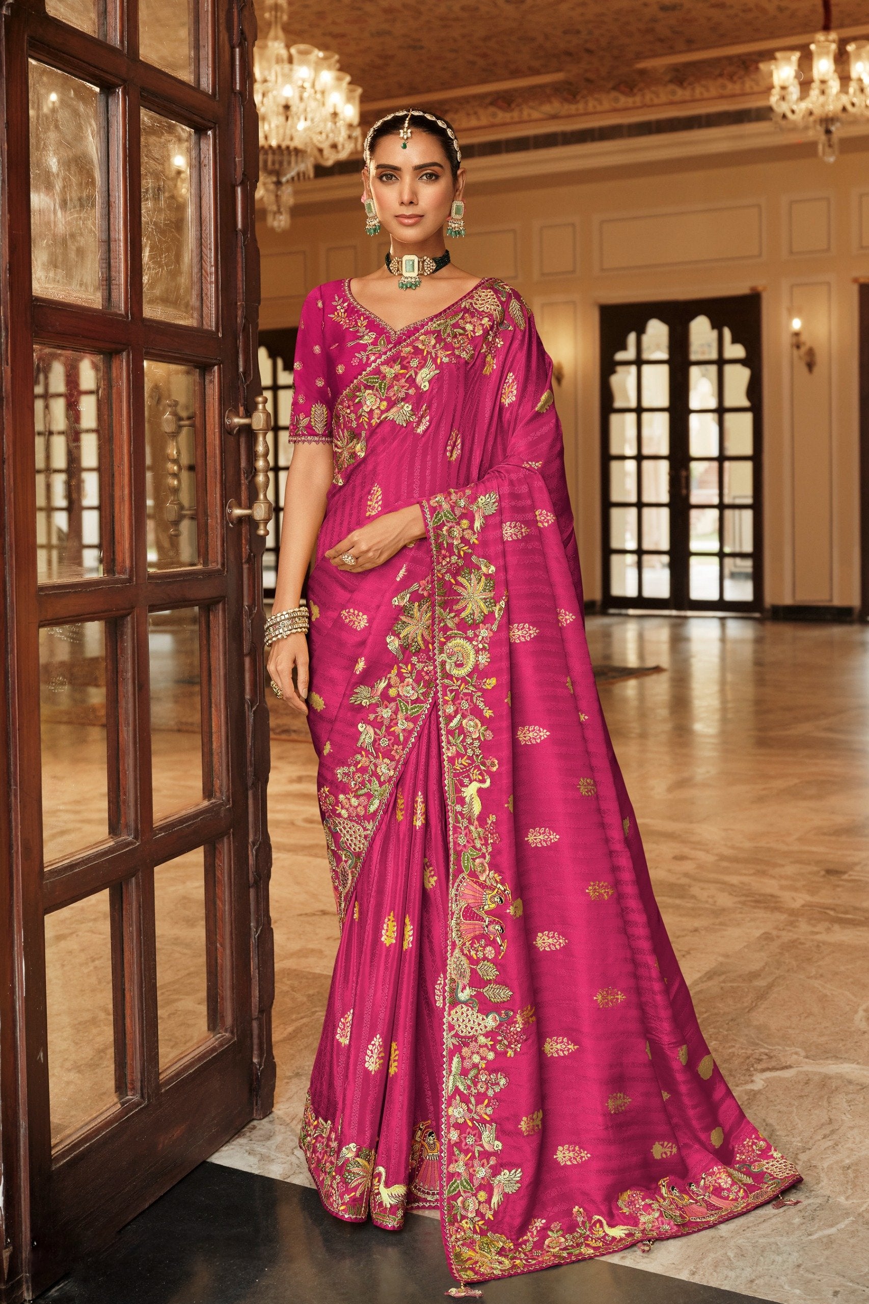 Rani Pink Soft Silk Khatli Work Saree
