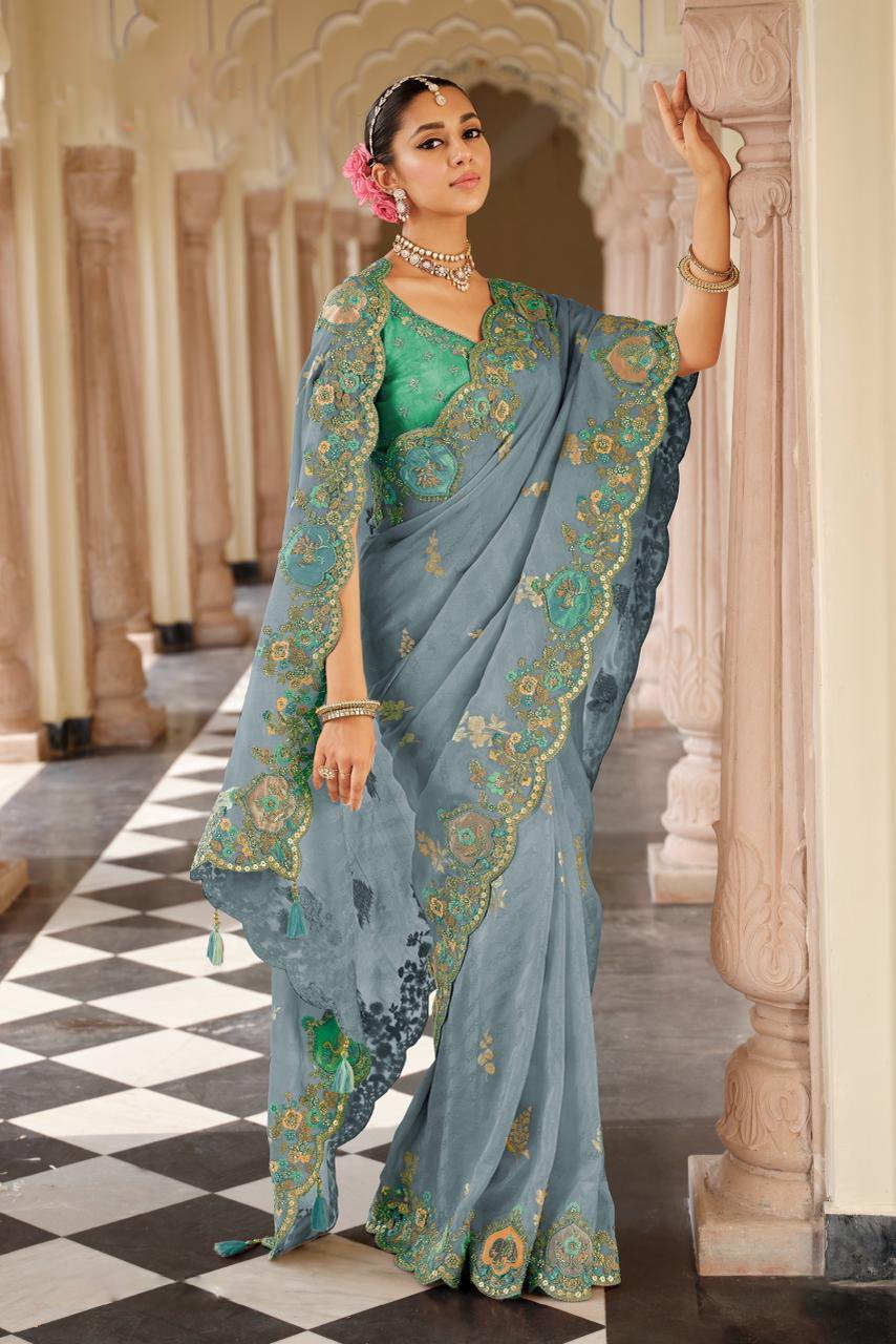 Sky Blue Soft Silk Khatli Work Saree
