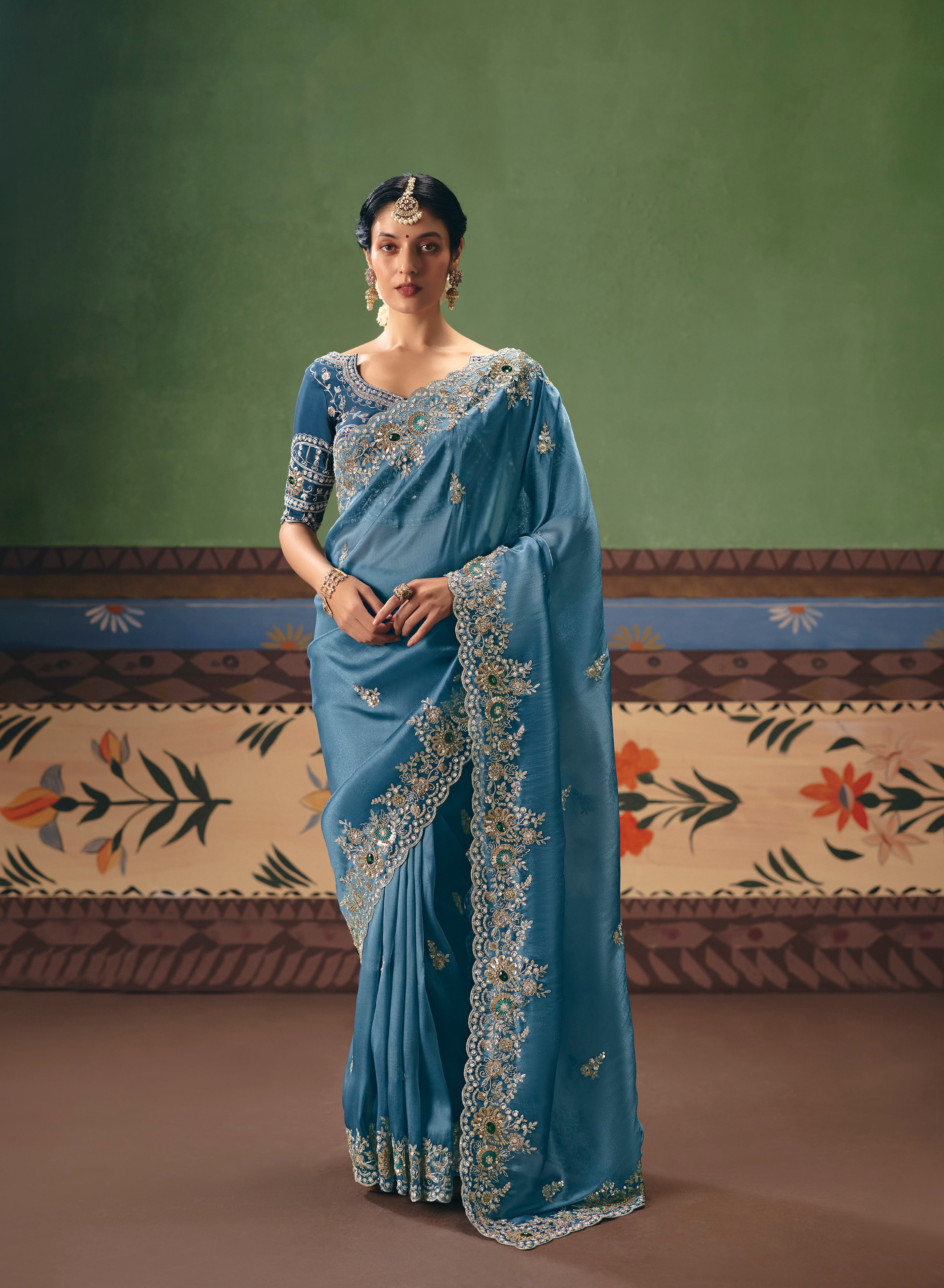 Blue Tissue Silk Sequins Saree