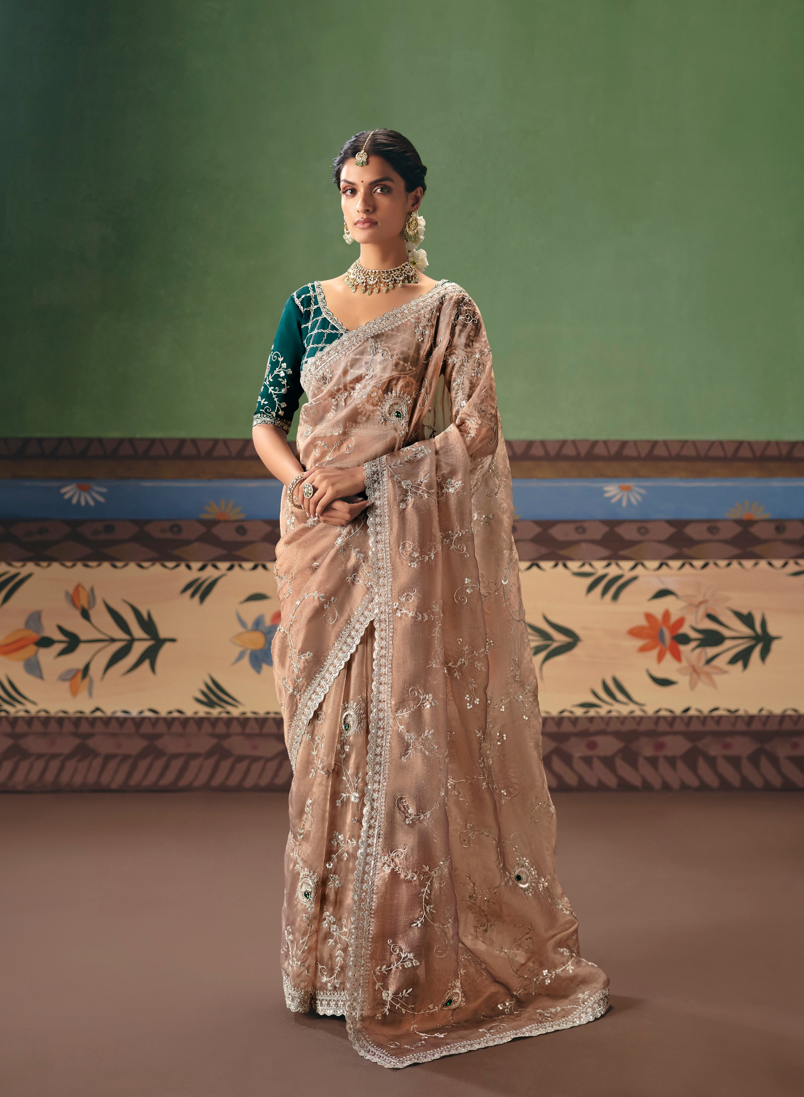 Beige Organza Tissue Sequins Saree