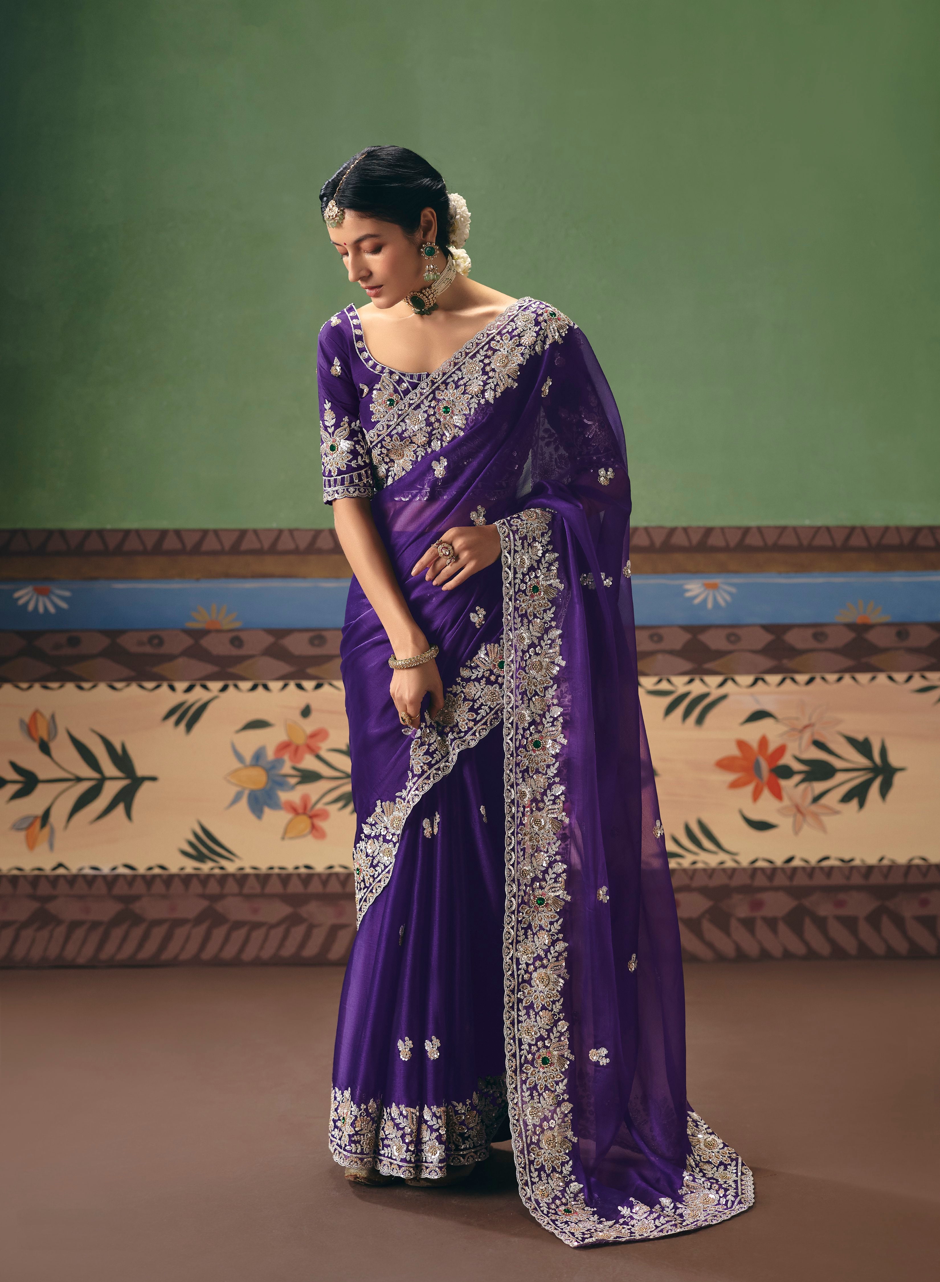 Purple Organza Tissue Sequins Saree