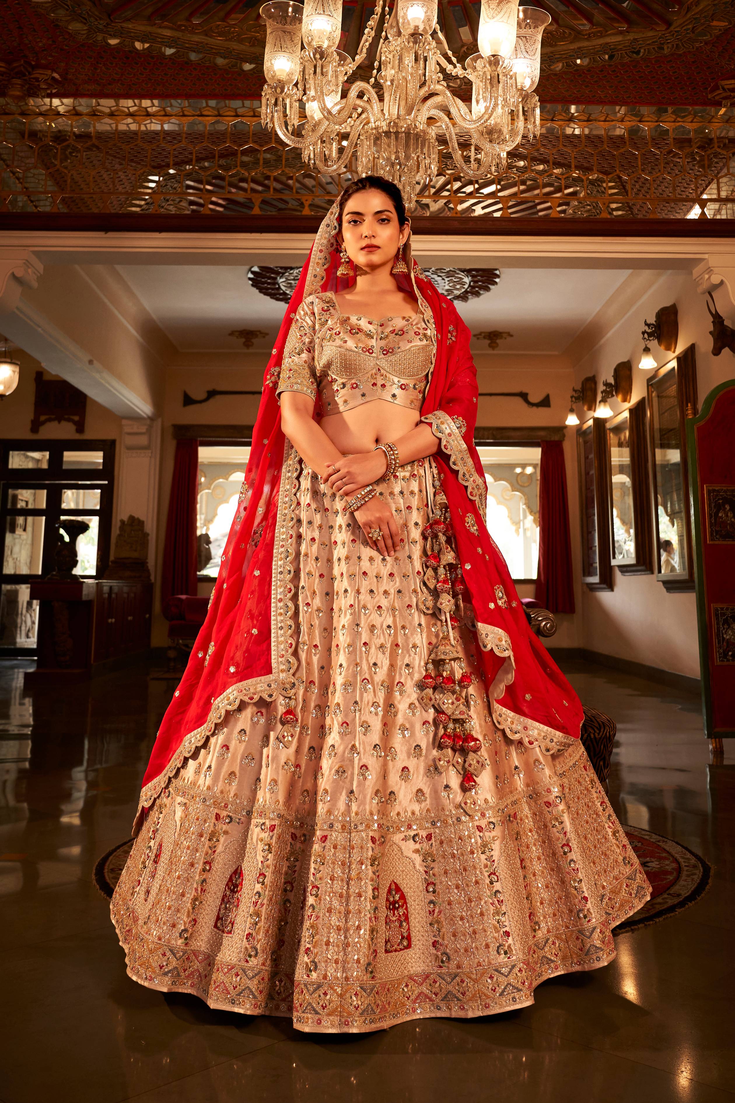 Brown Satin Silk Handwork Lehenga