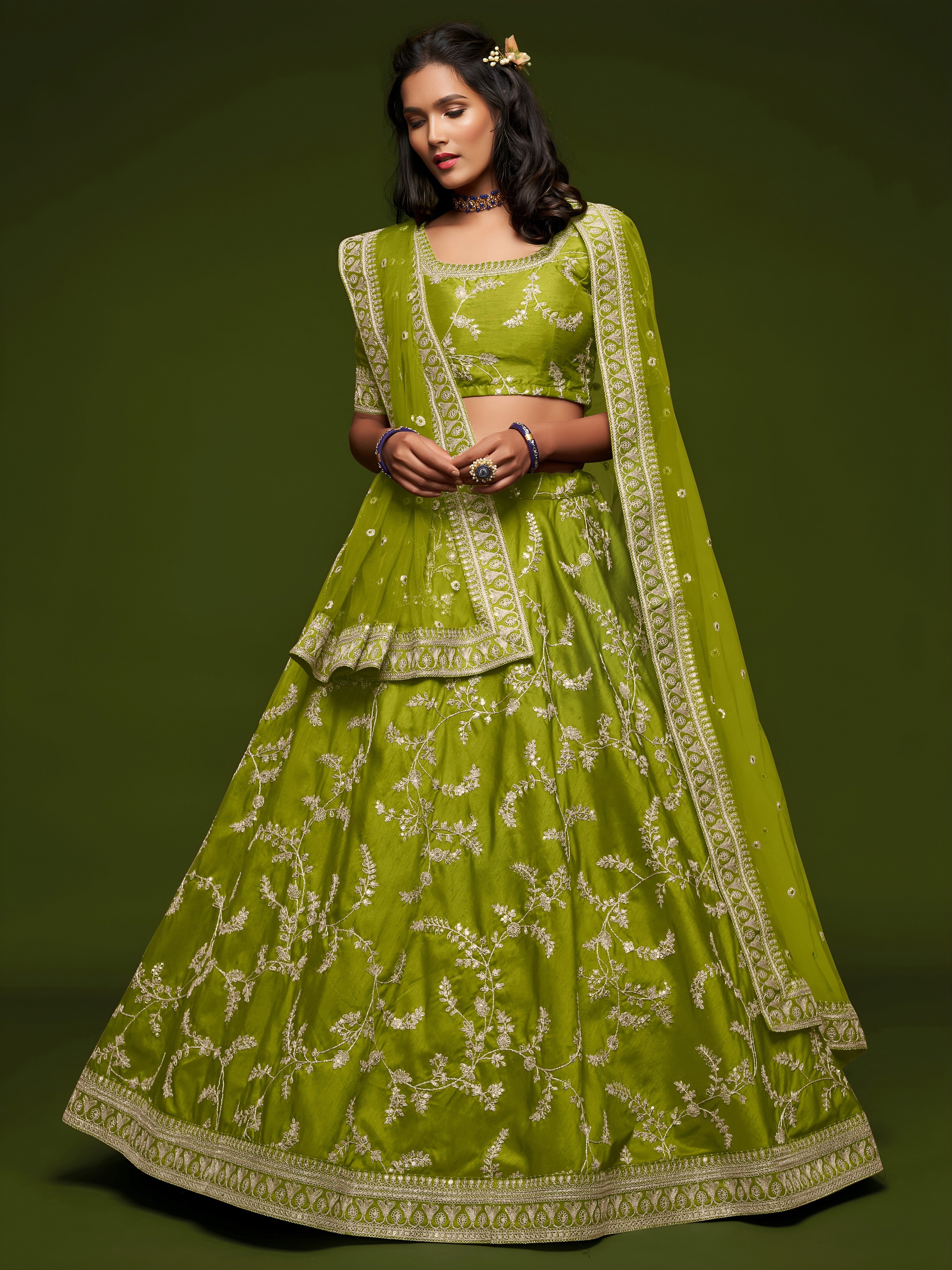 Parrot Silk Thread Work Lehenga