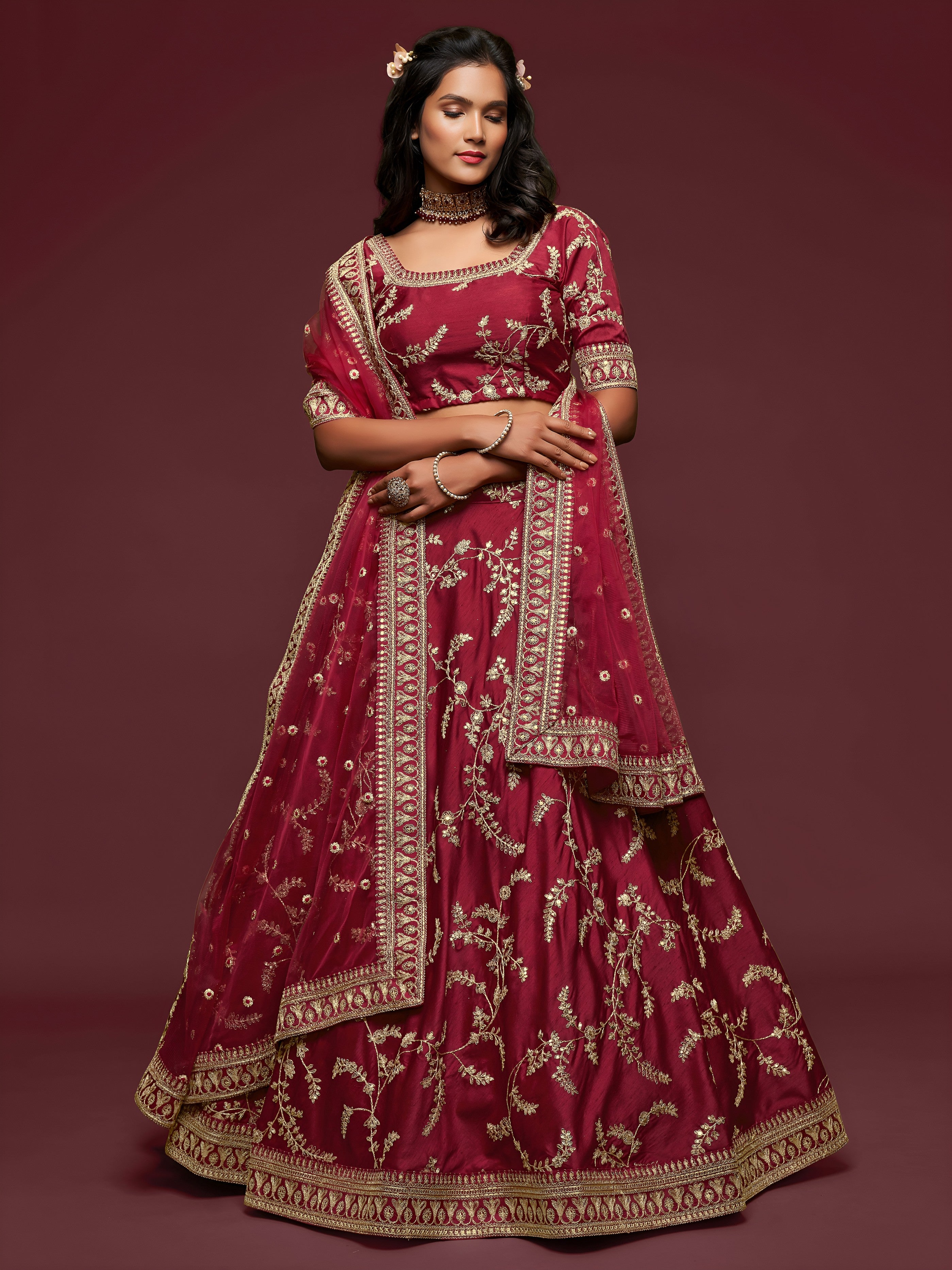 Maroon Silk Thread Work Lehenga