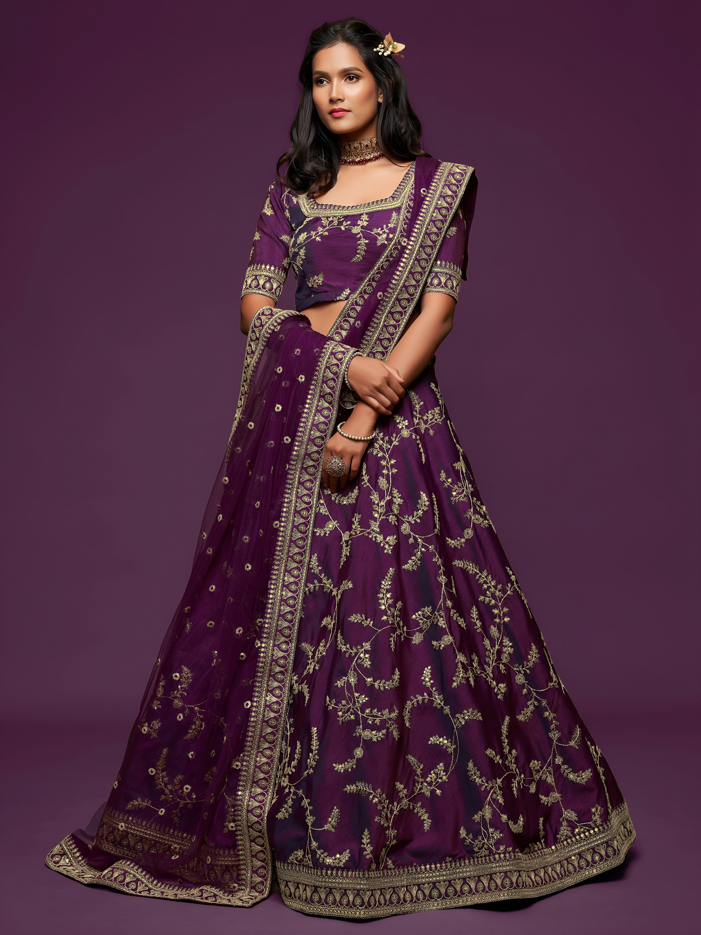 Purple Silk Thread Work Lehenga