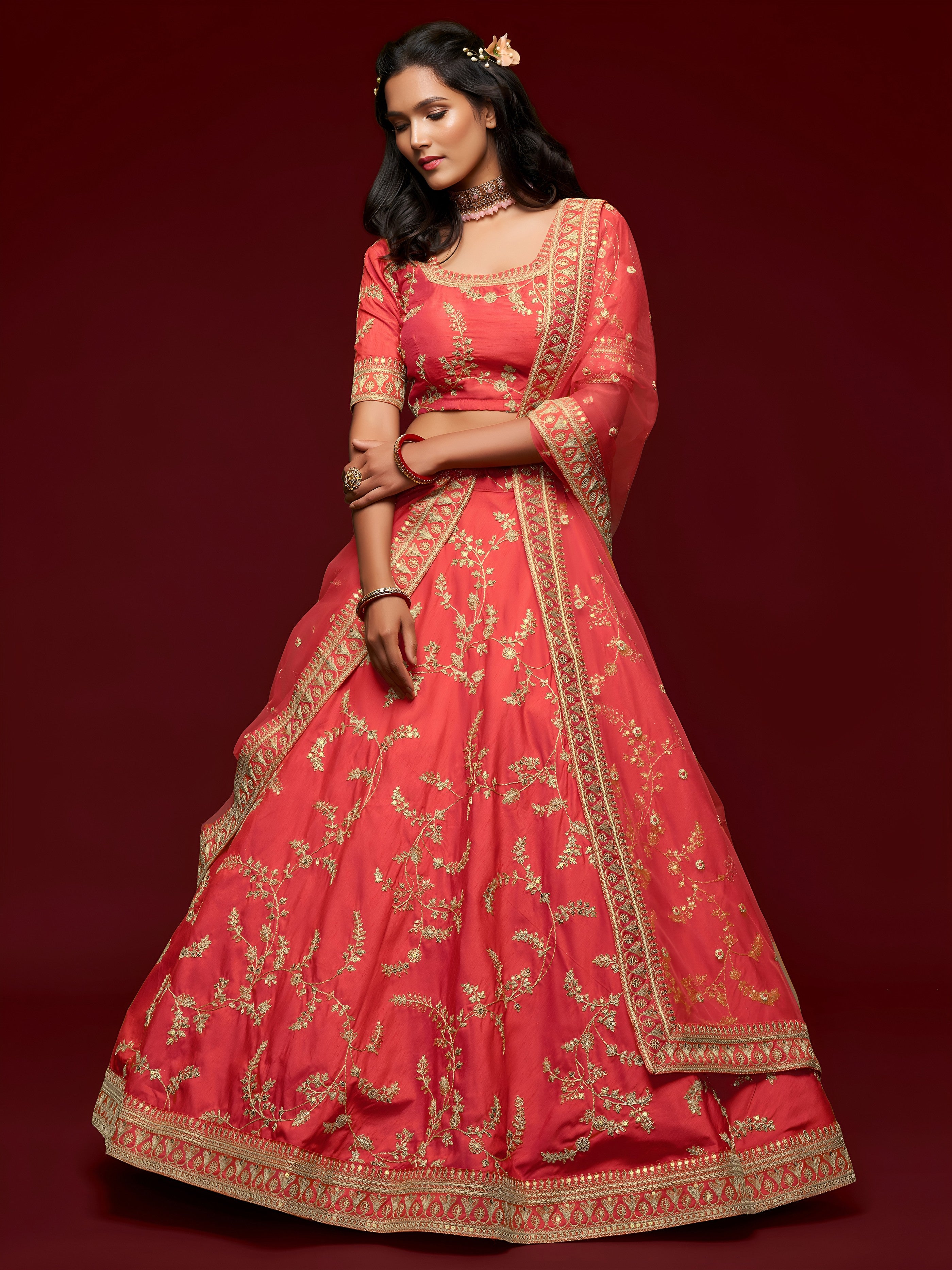Coral Pink Silk Thread Work Lehenga