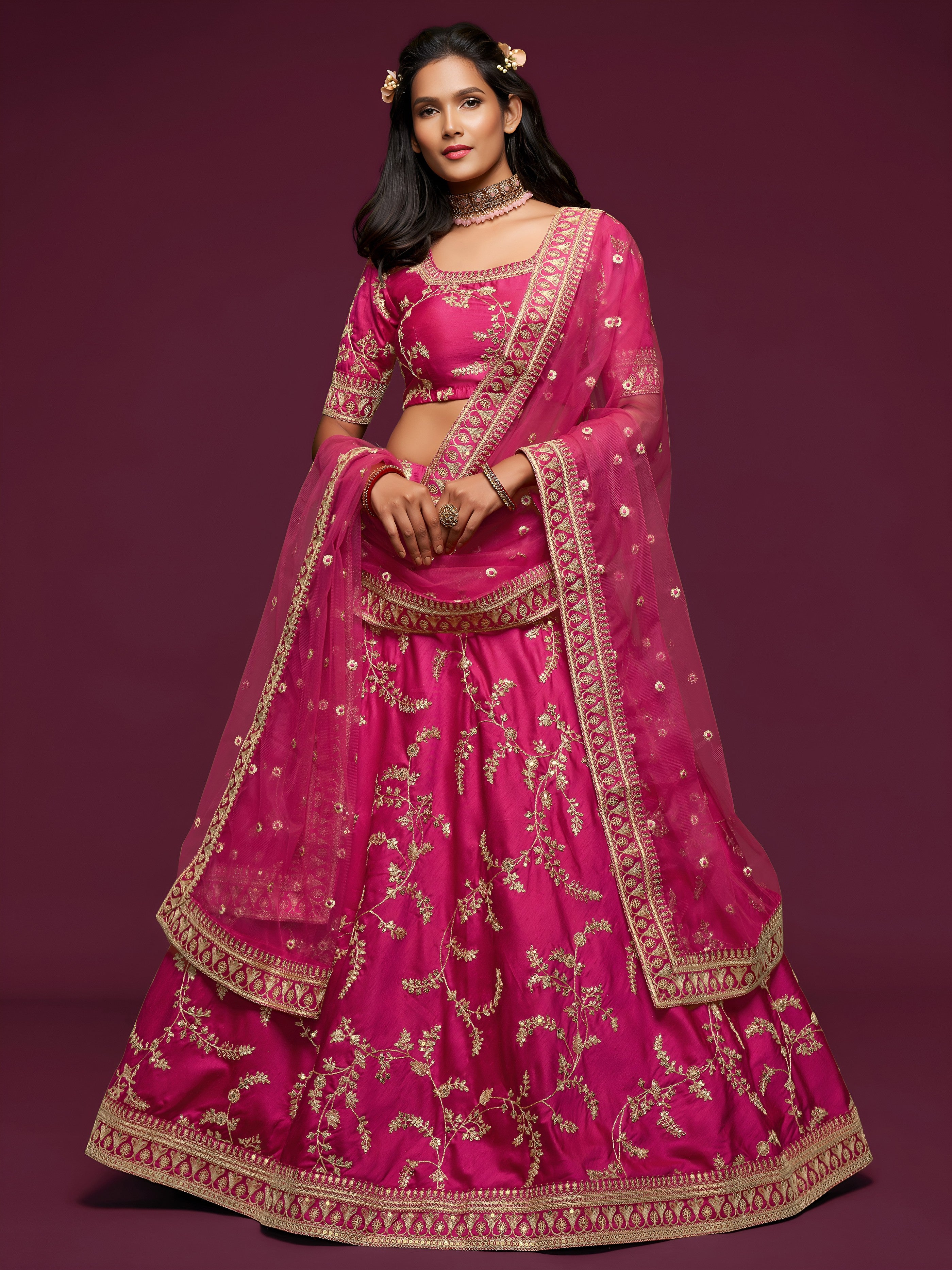 Pink Silk Thread Work Lehenga