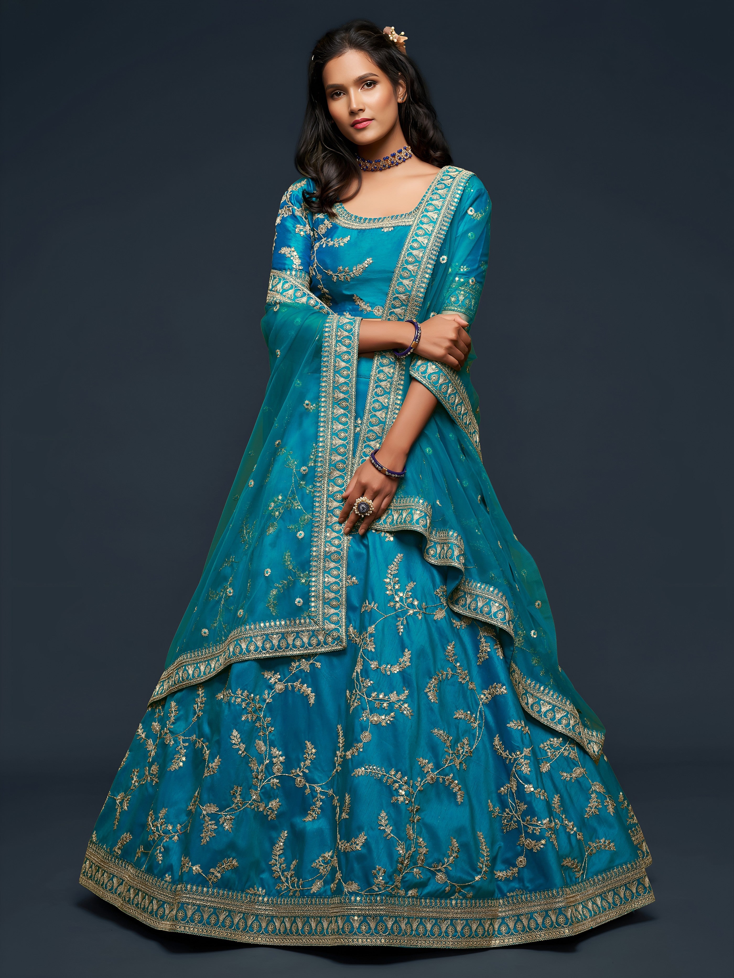 Teal Blue Silk Thread Work Lehenga