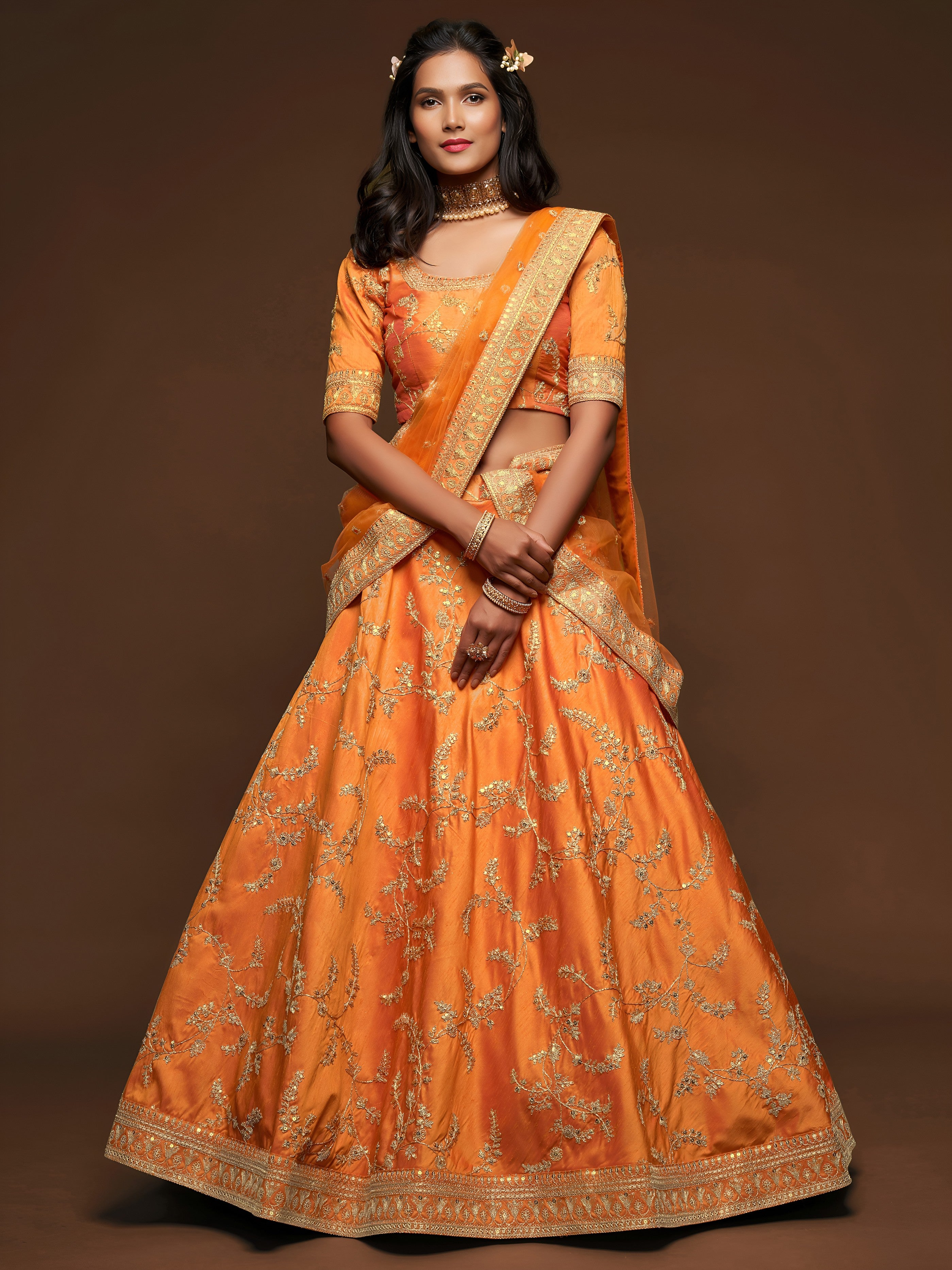 Orange Blue Silk Thread Work Lehenga