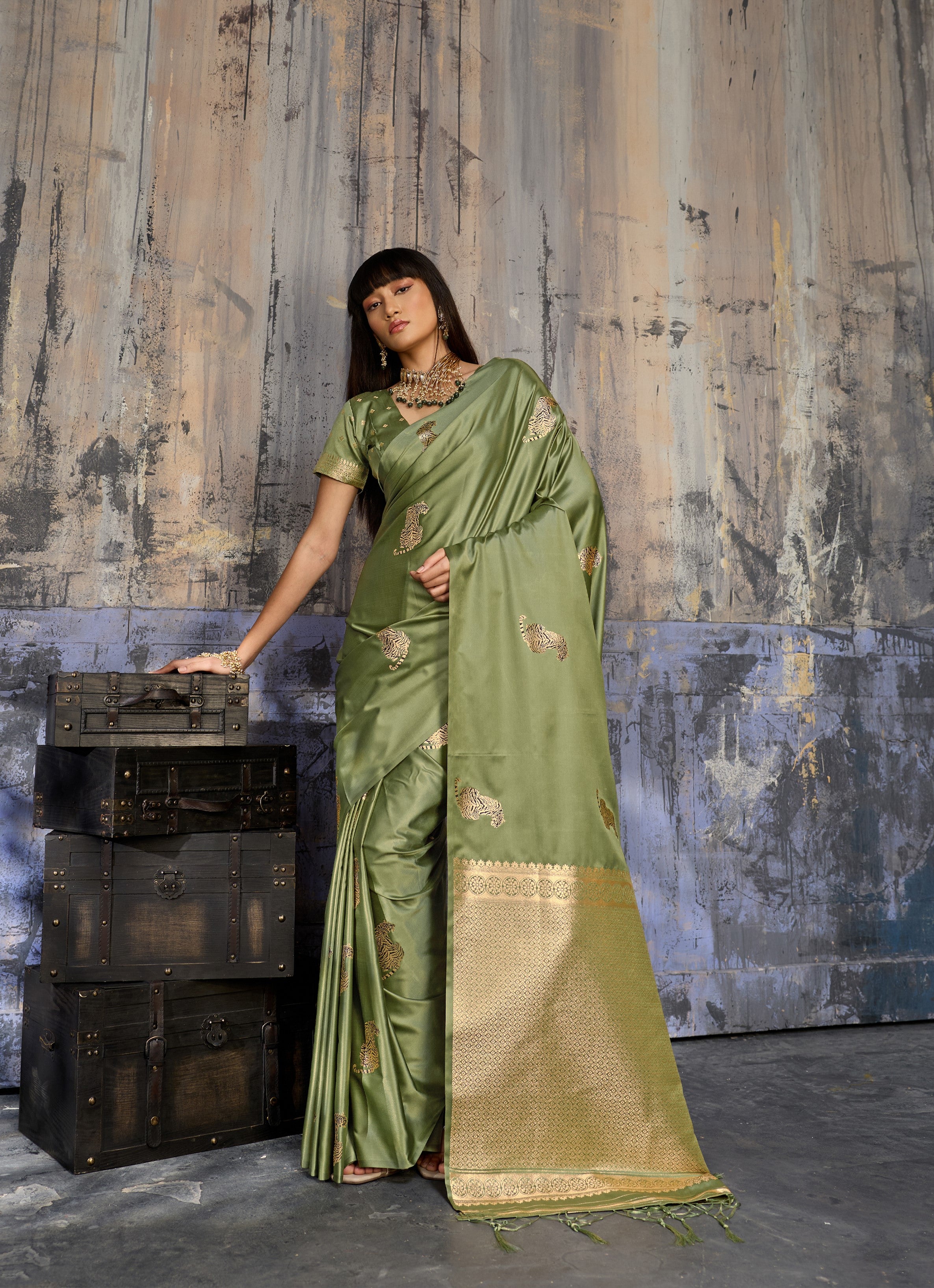 Sage Green Pure Satin Weaving Saree
