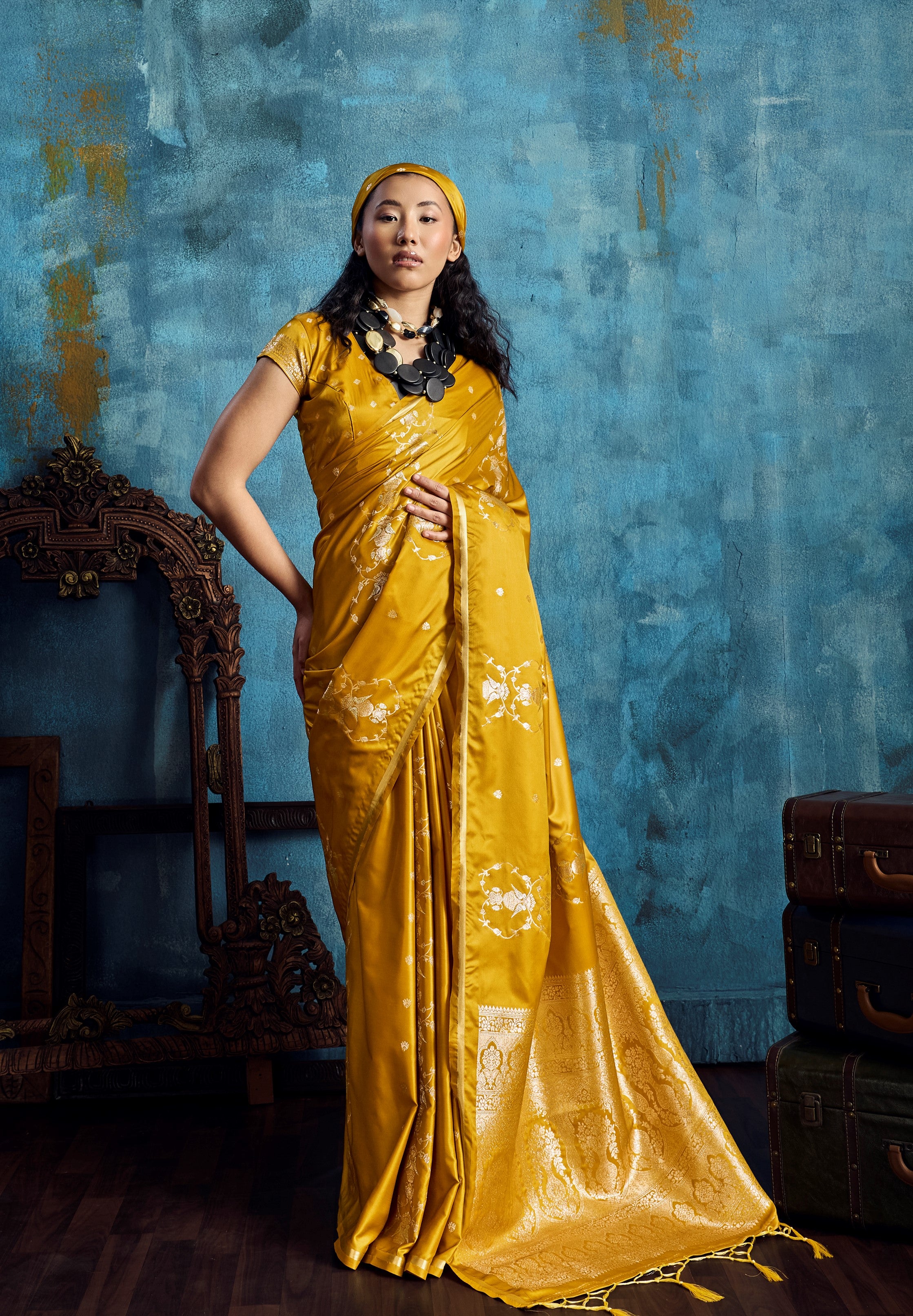 Mustard Pure Satin Silk Weaving Saree