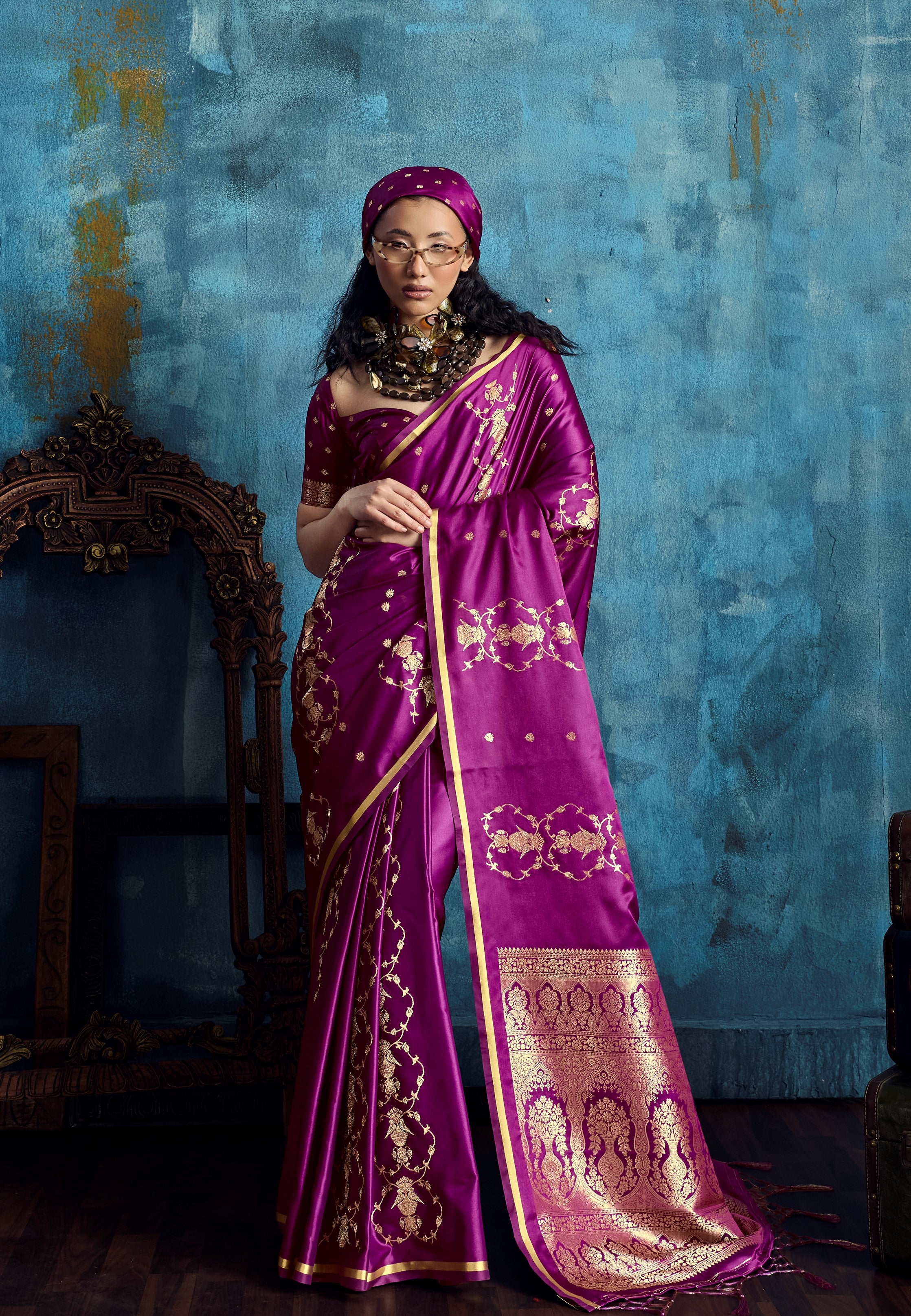 Magenta Pure Satin Silk Weaving Saree