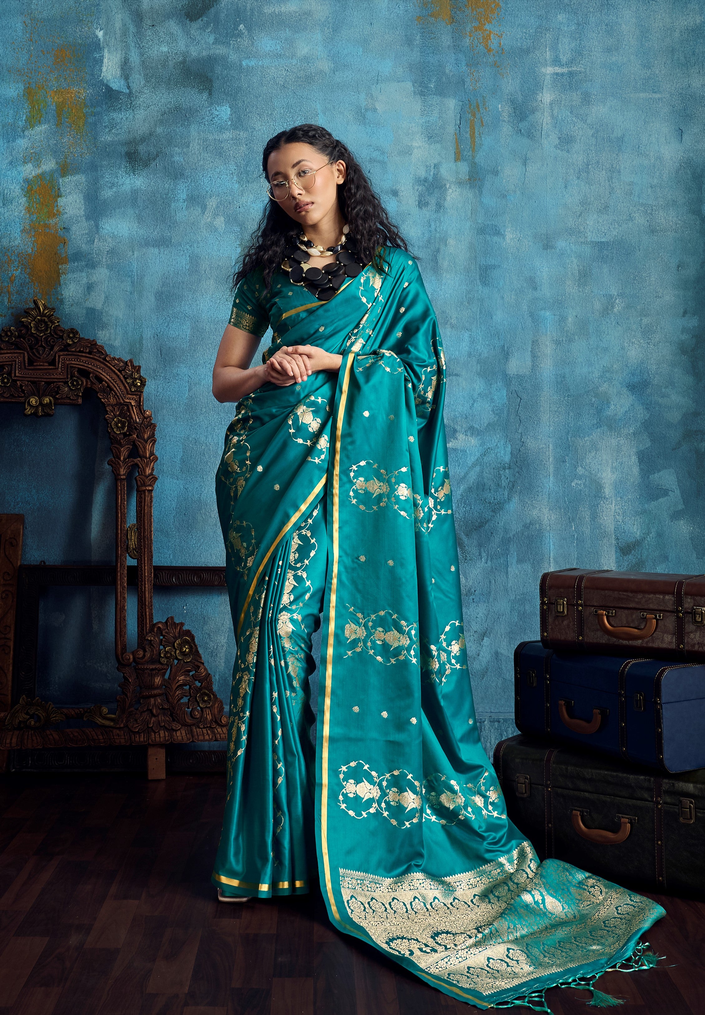 Blue Pure Satin Silk Weaving Saree