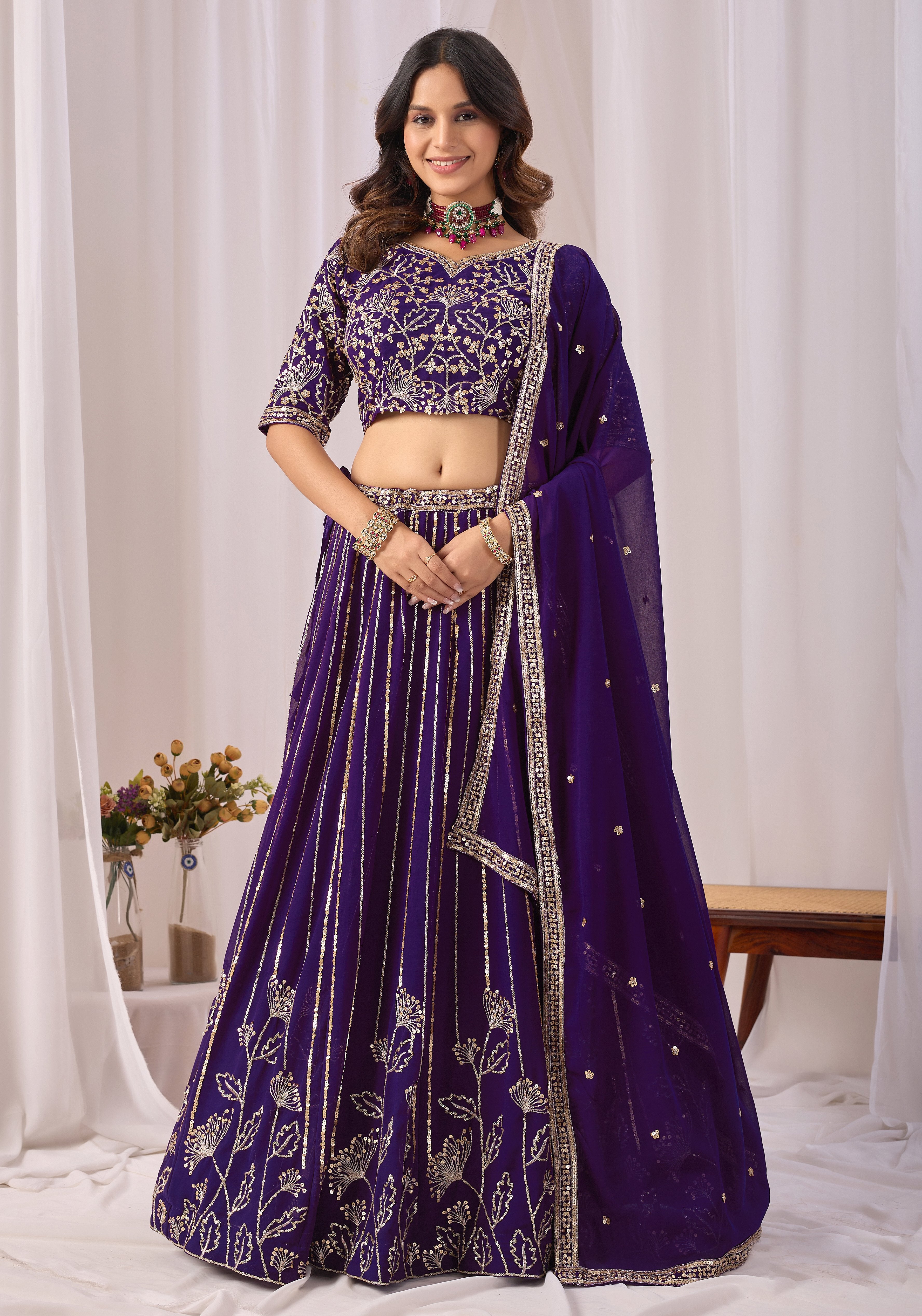Purple Faux Georgette Sequins Lehenga