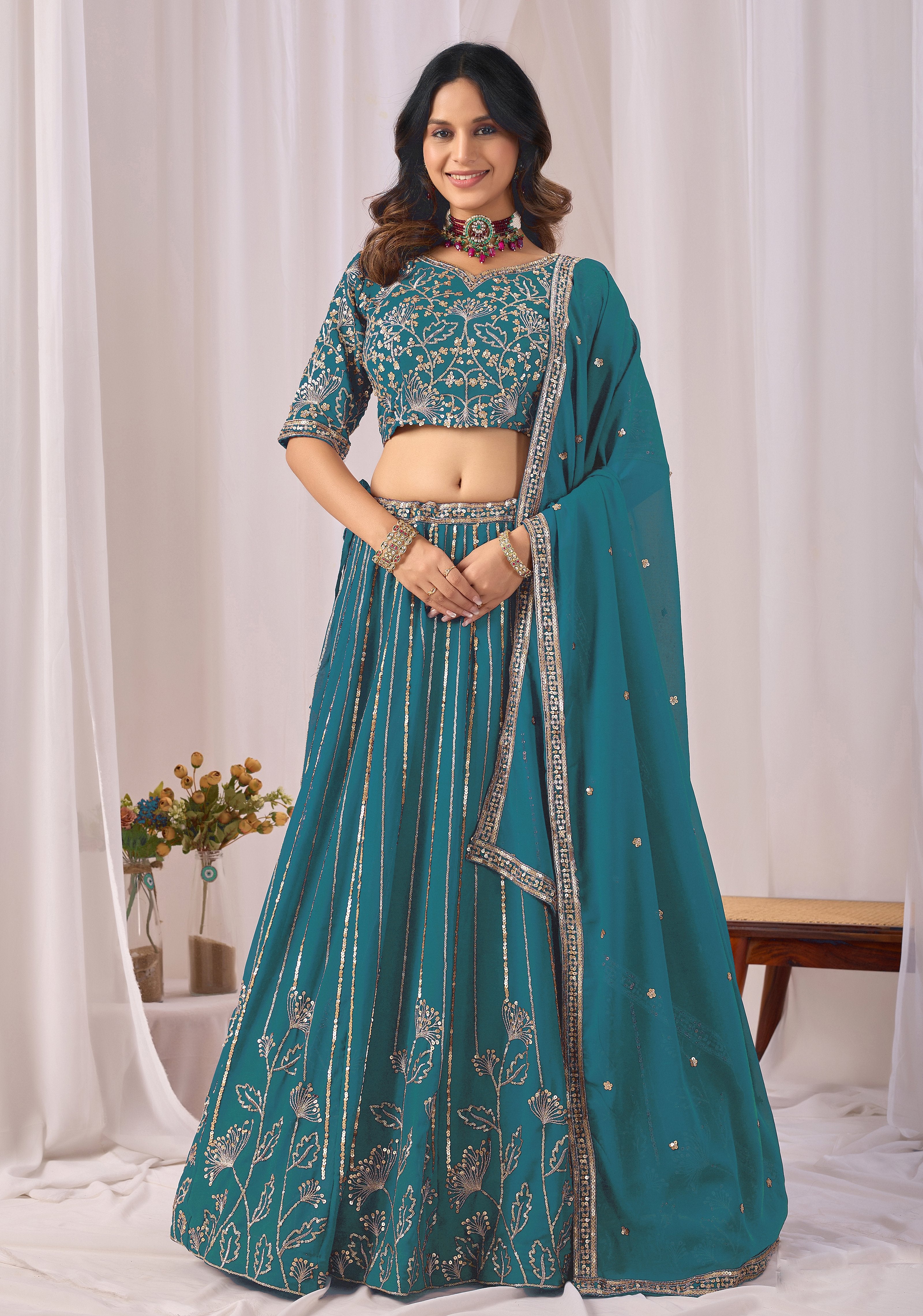 Teal Faux Georgette Sequins Lehenga