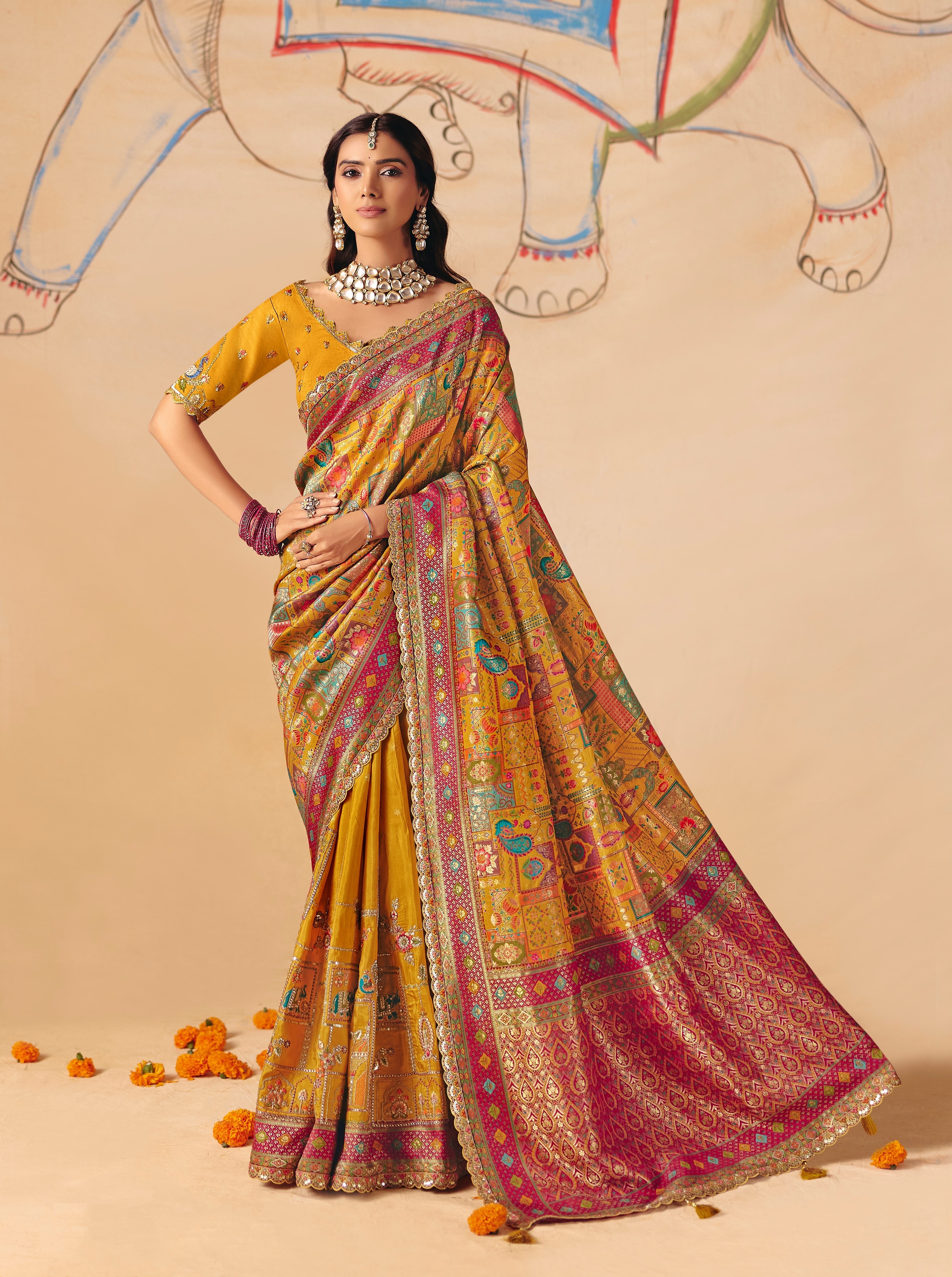 Yellow Pink Dola Zari SIlk Thread Work Saree