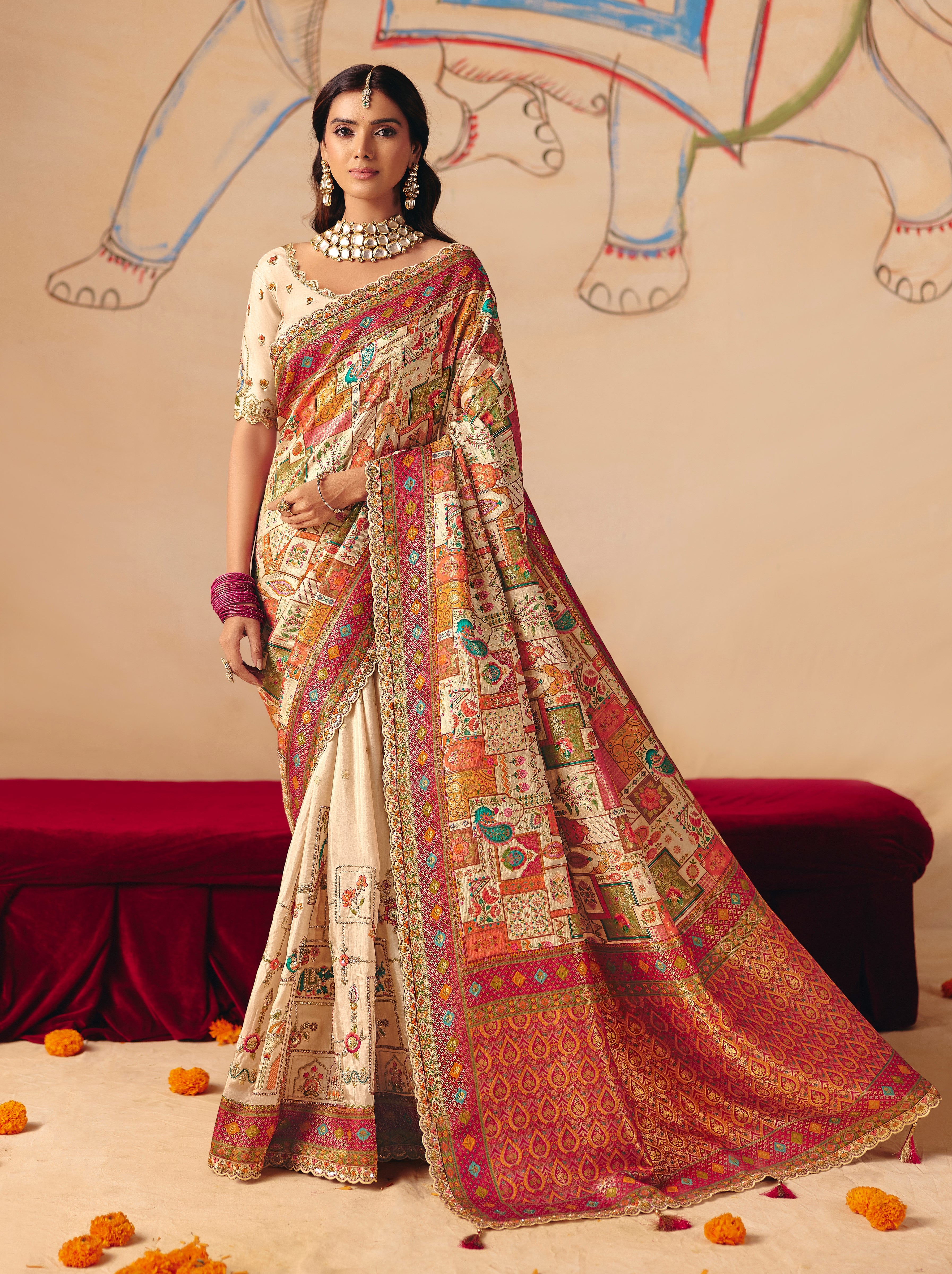 Ivory Dola Zari SIlk Thread Work Saree