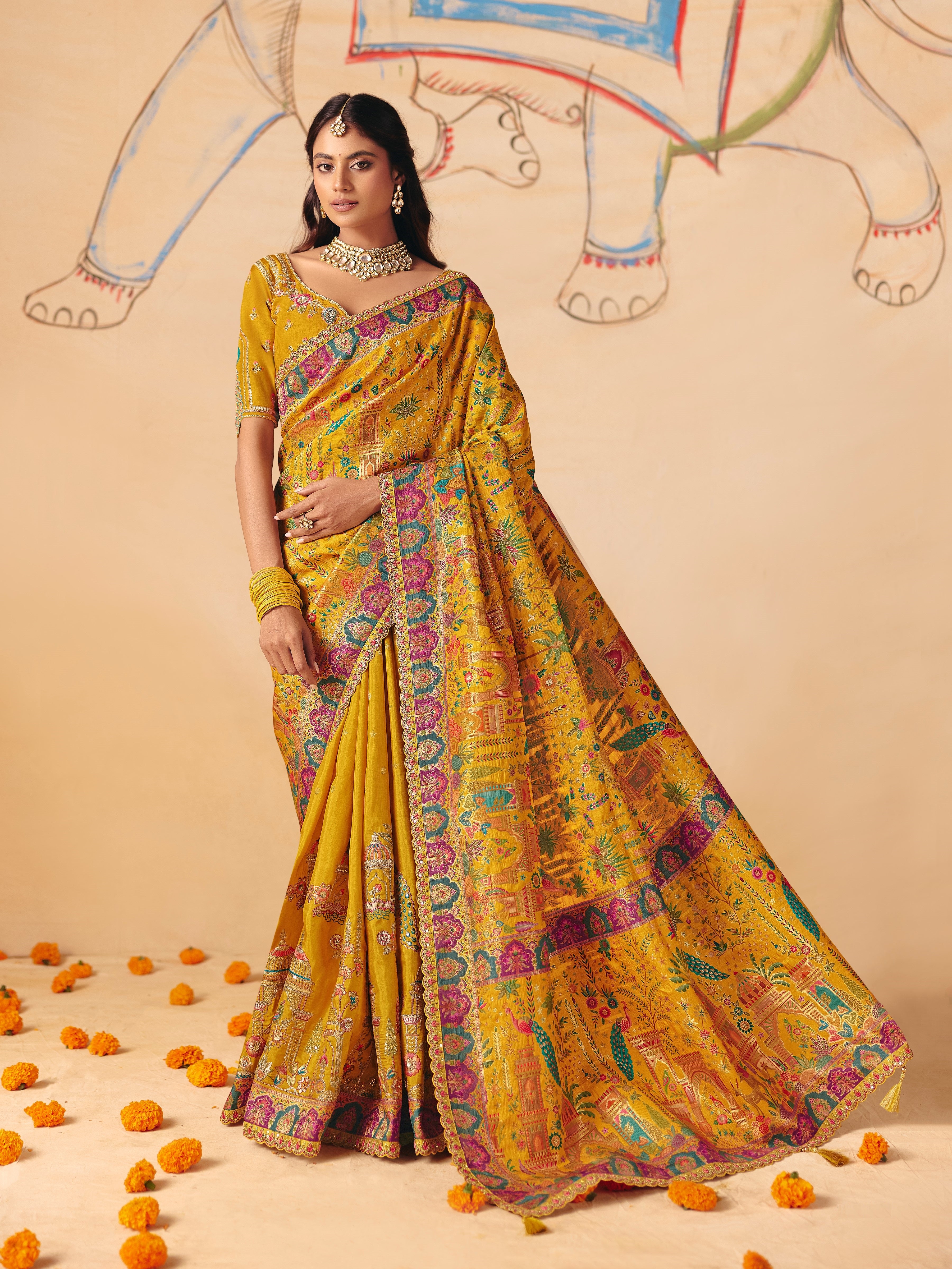 Mustard Dola Zari SIlk Thread Work Saree