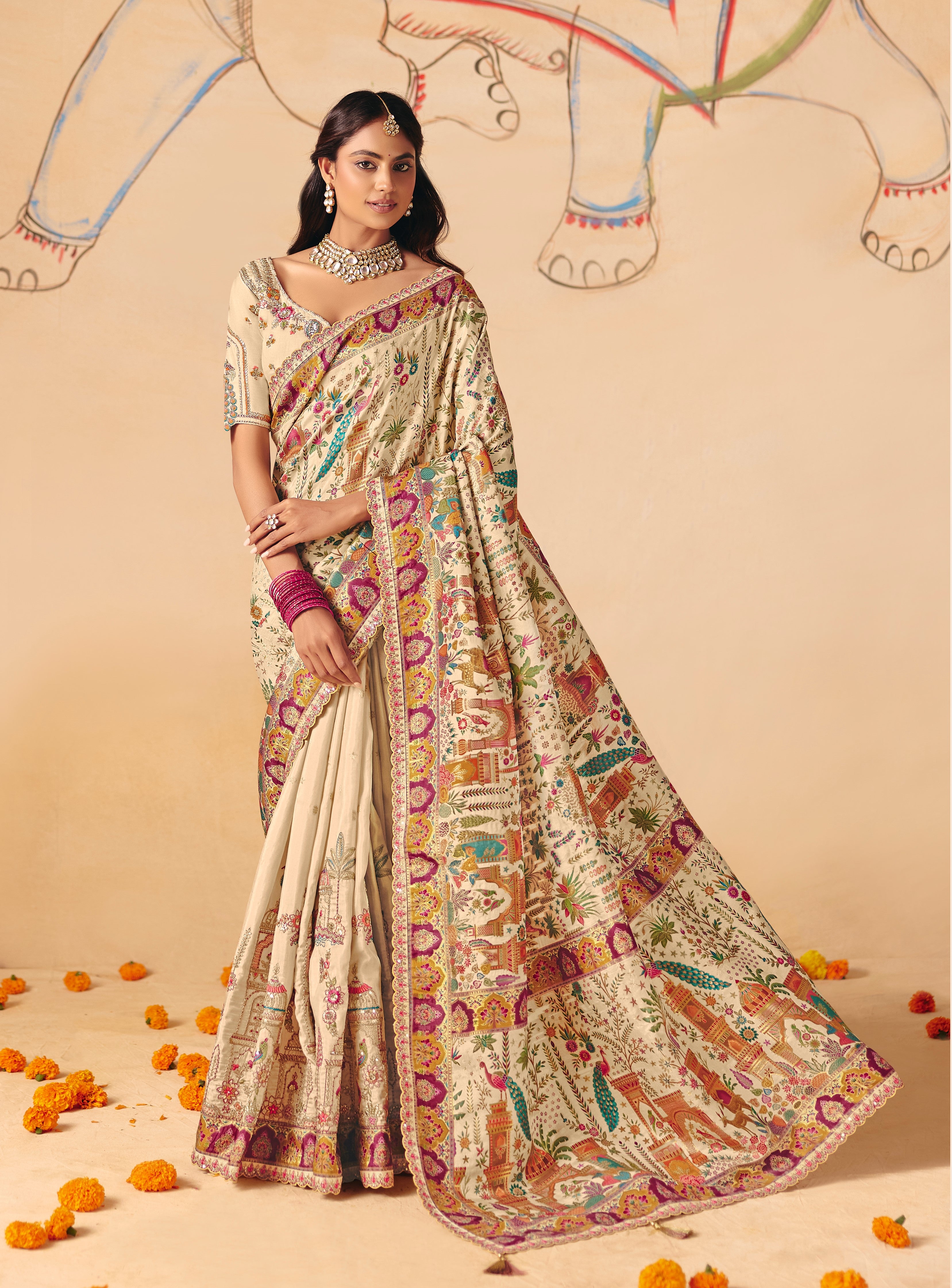 Cream Dola Zari SIlk Thread Work Saree