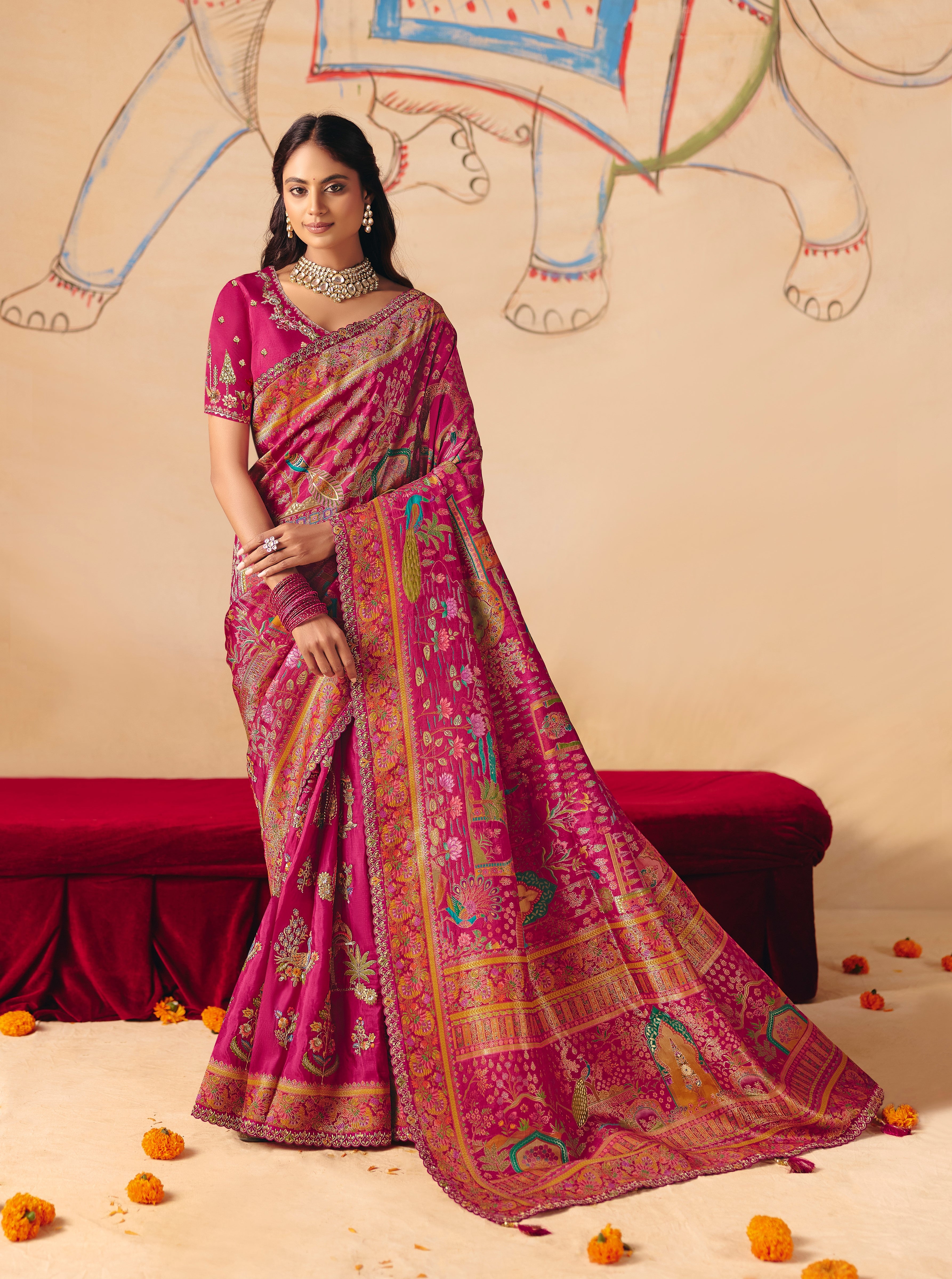 Pink Dola Zari SIlk Thread Work Saree