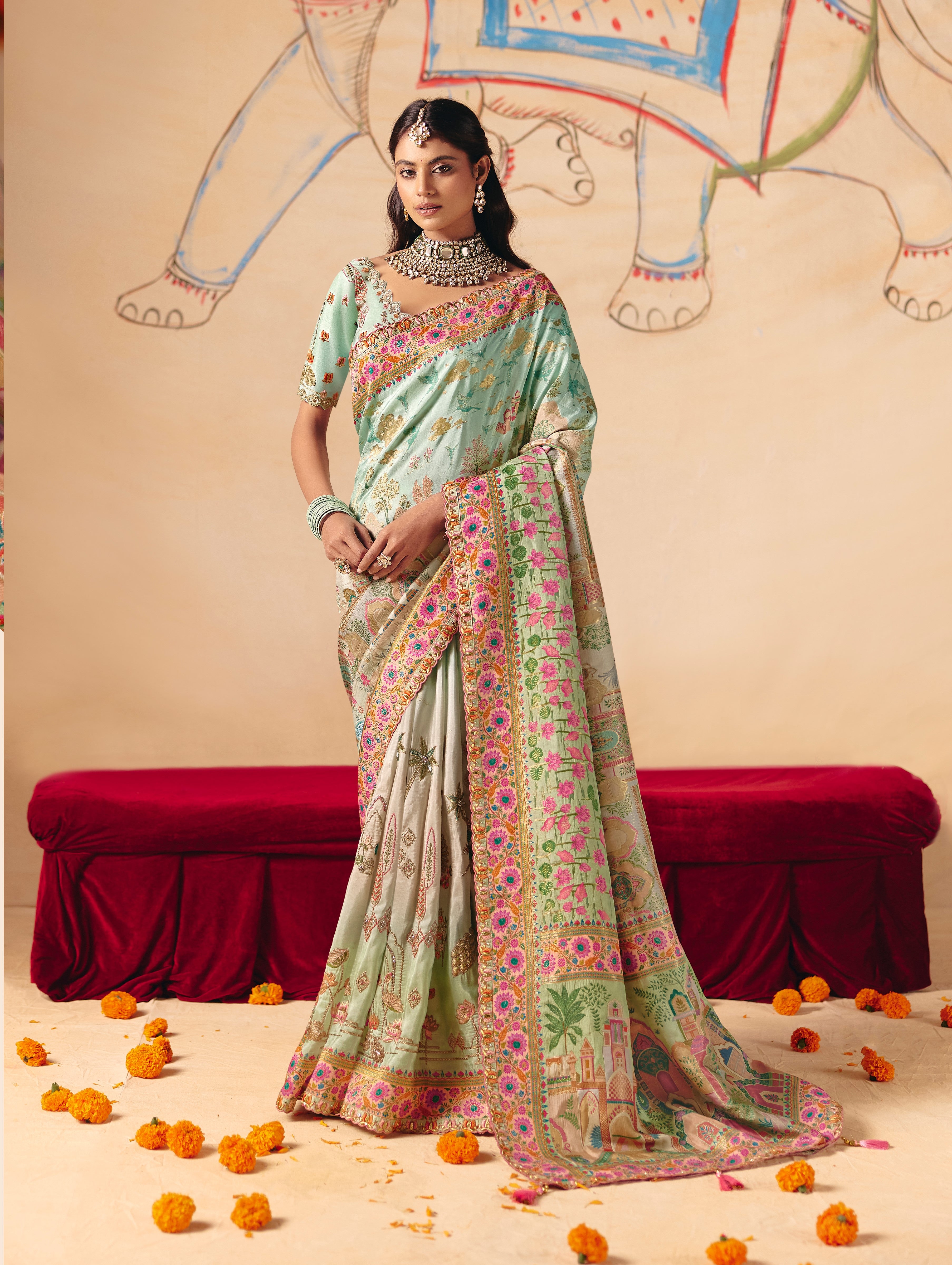 Pista Green Dola Zari SIlk Thread Work Saree
