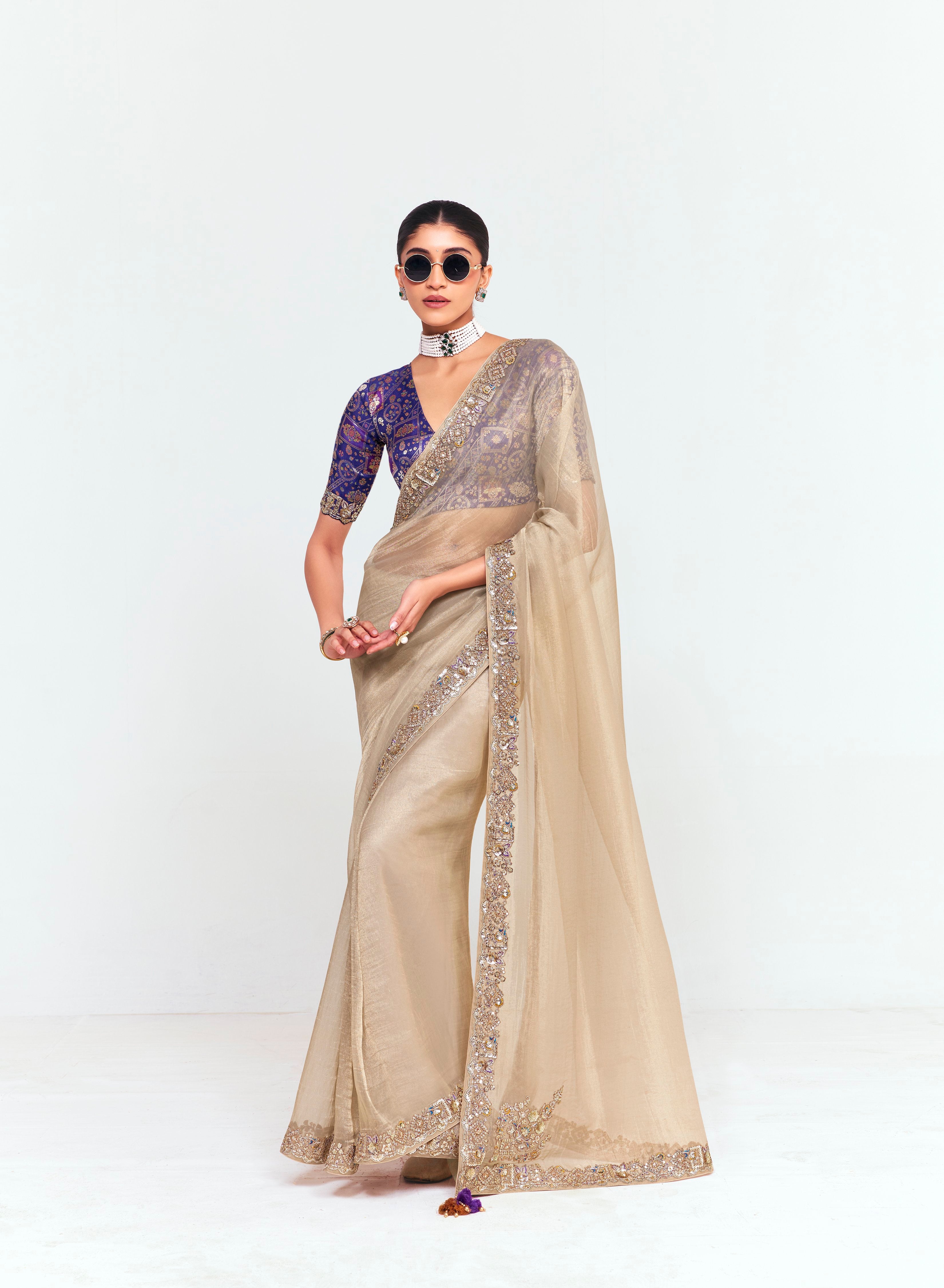 Beige Tissue With Printed Blouse Saree