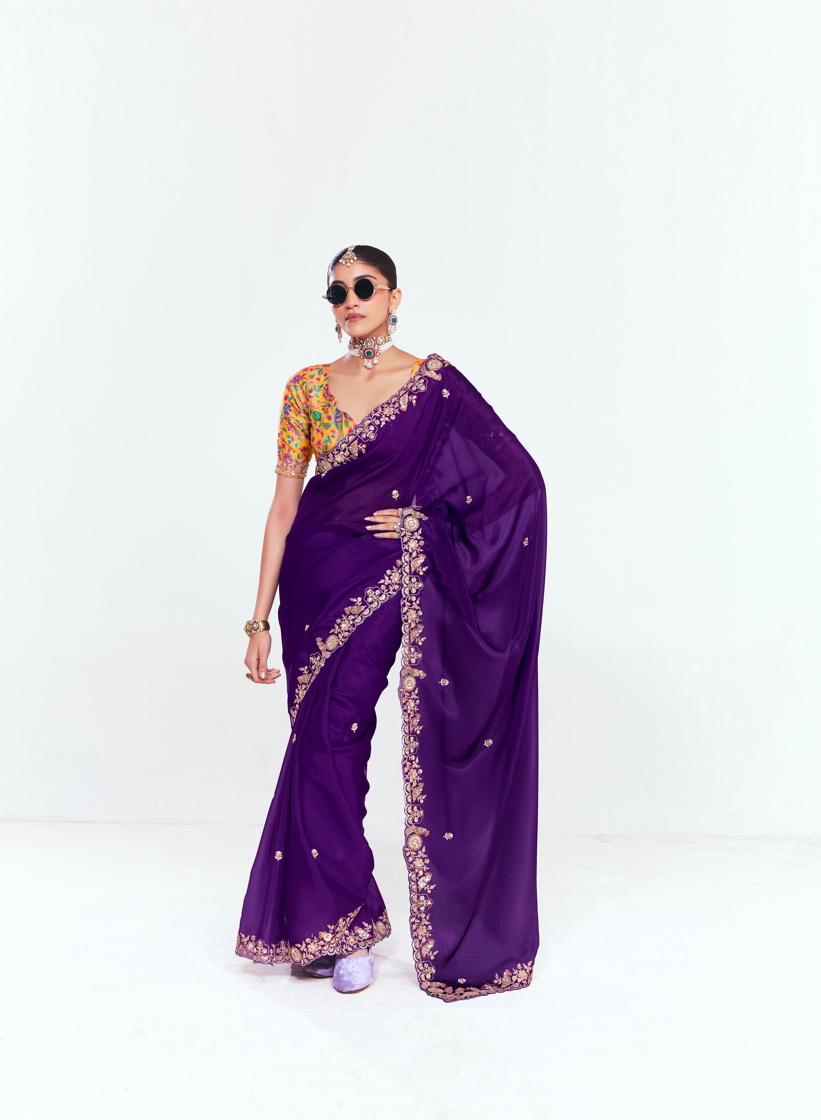 Violet Organza Tissue With Printed Blouse Saree