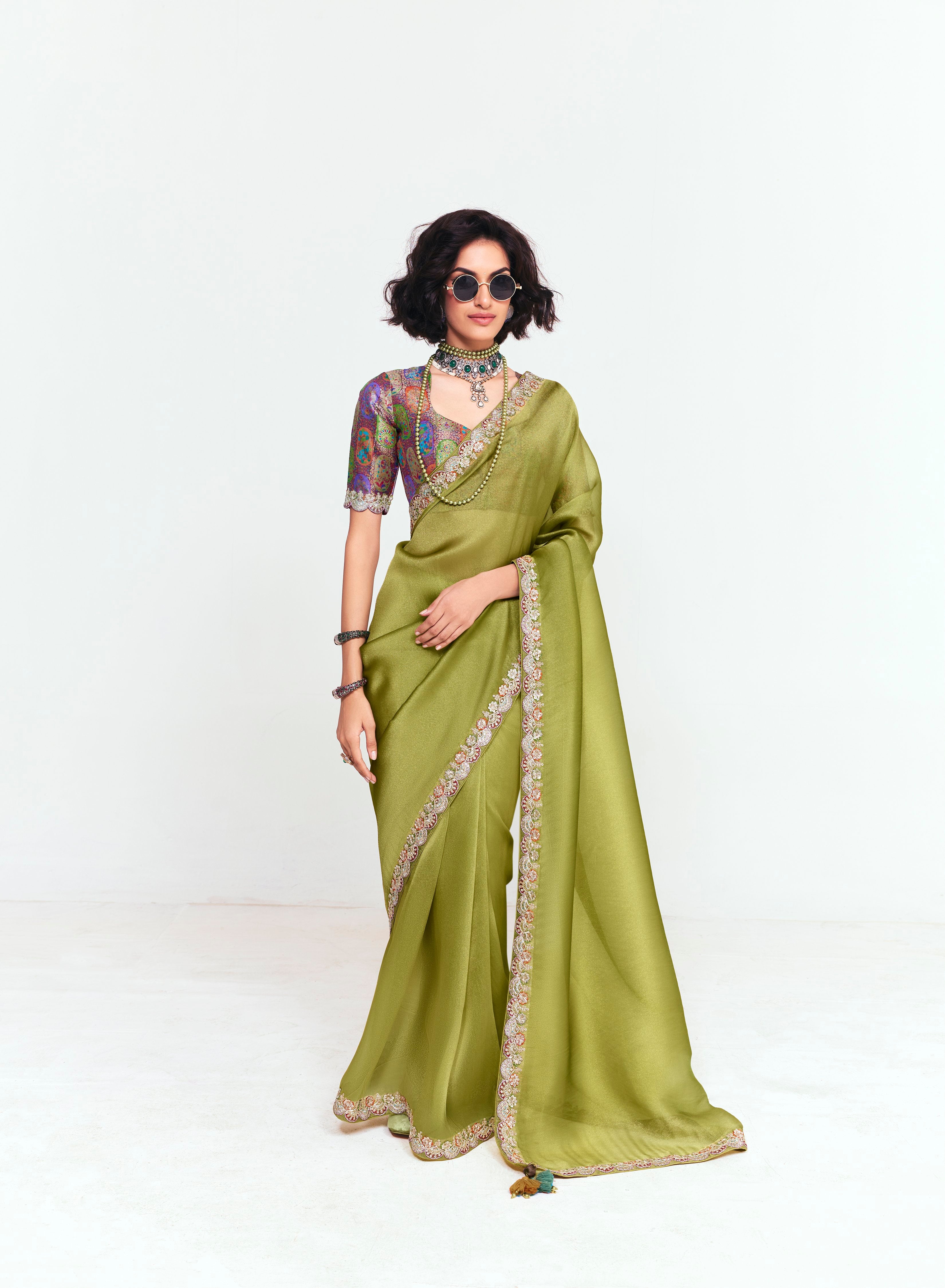 Olive Organza Tissue With Printed Blouse Saree