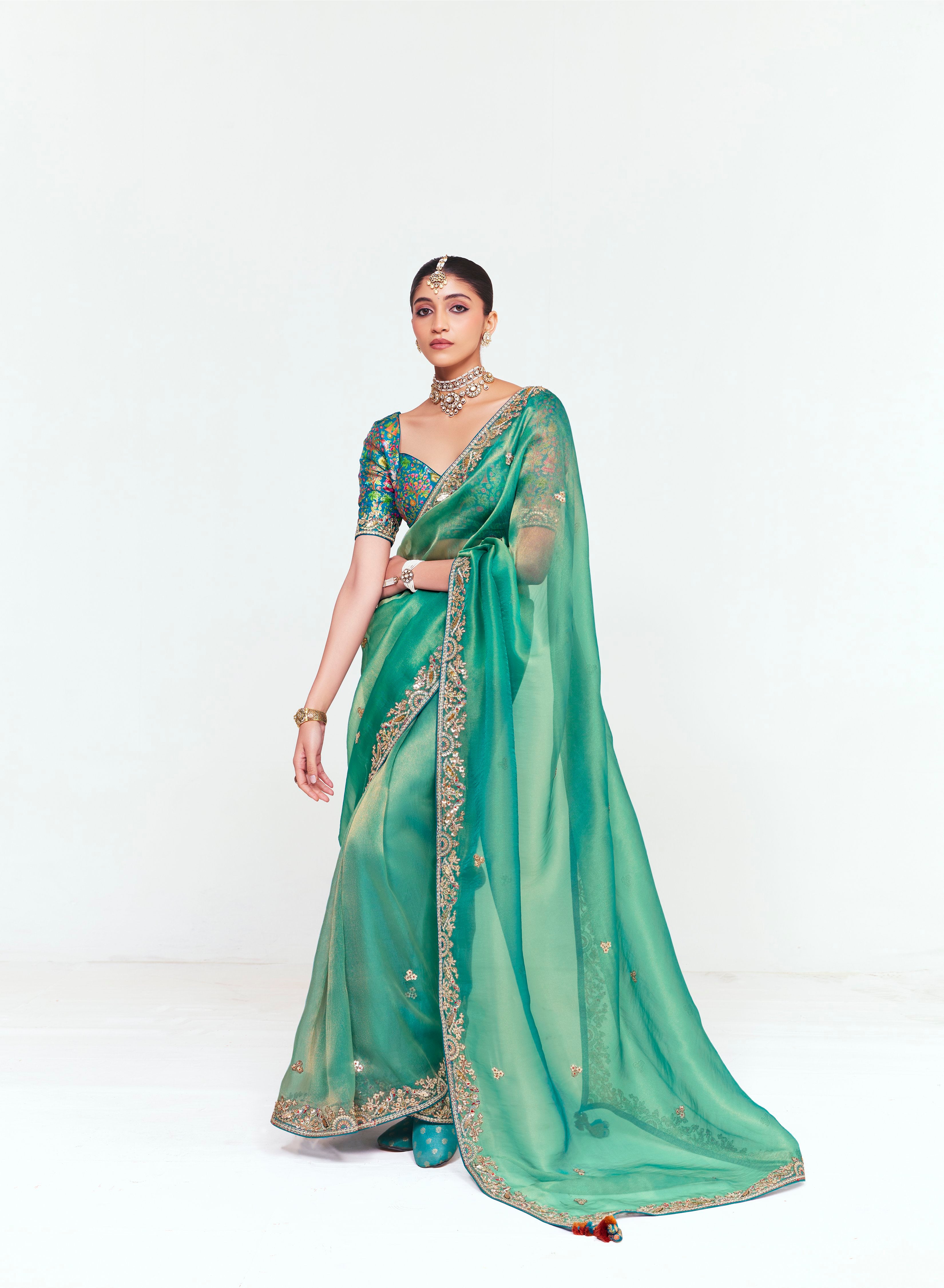 Sea Green Organza With Printed Blouse Saree