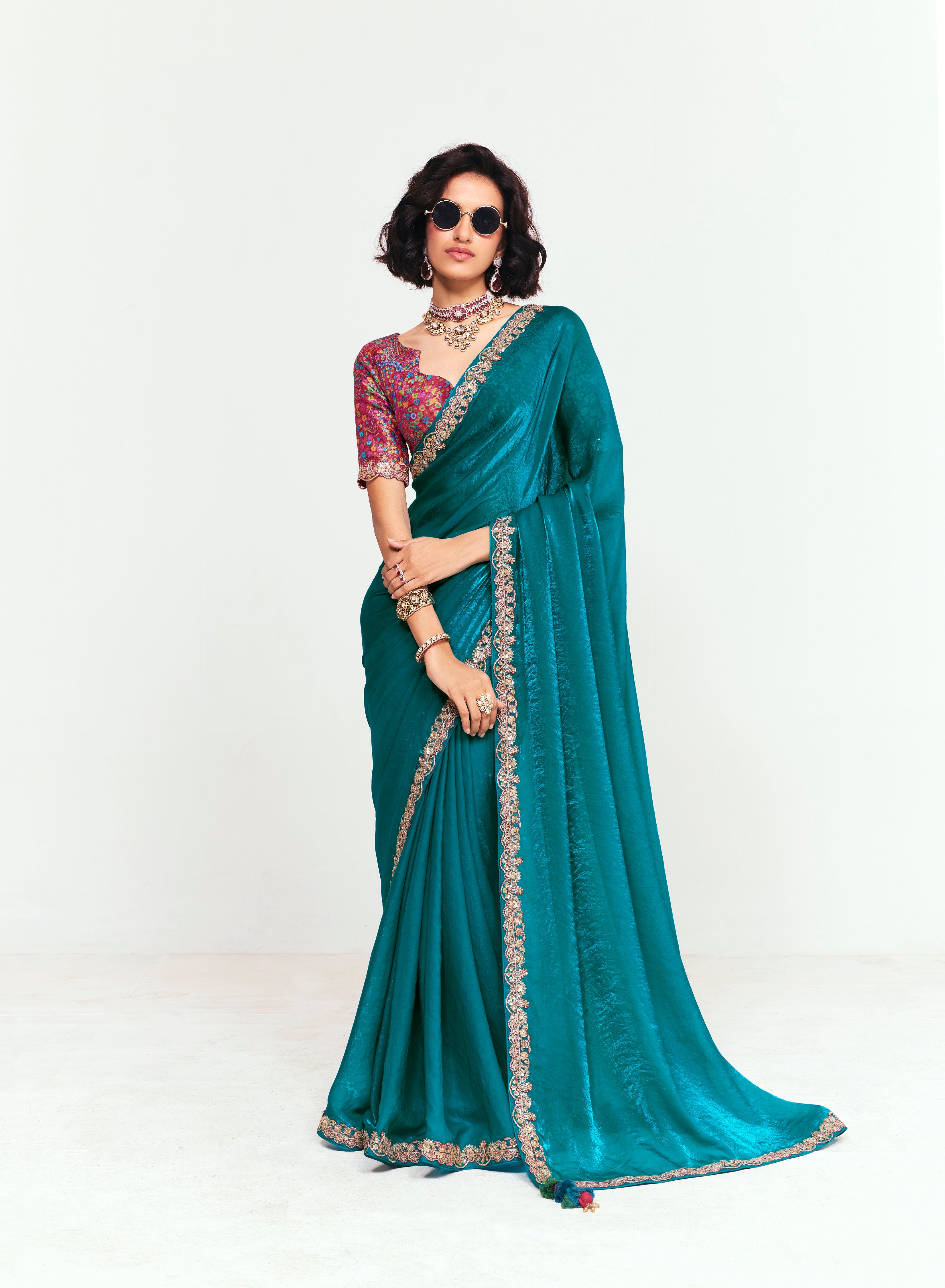 Teal Organza Tissue With Printed Blouse Saree