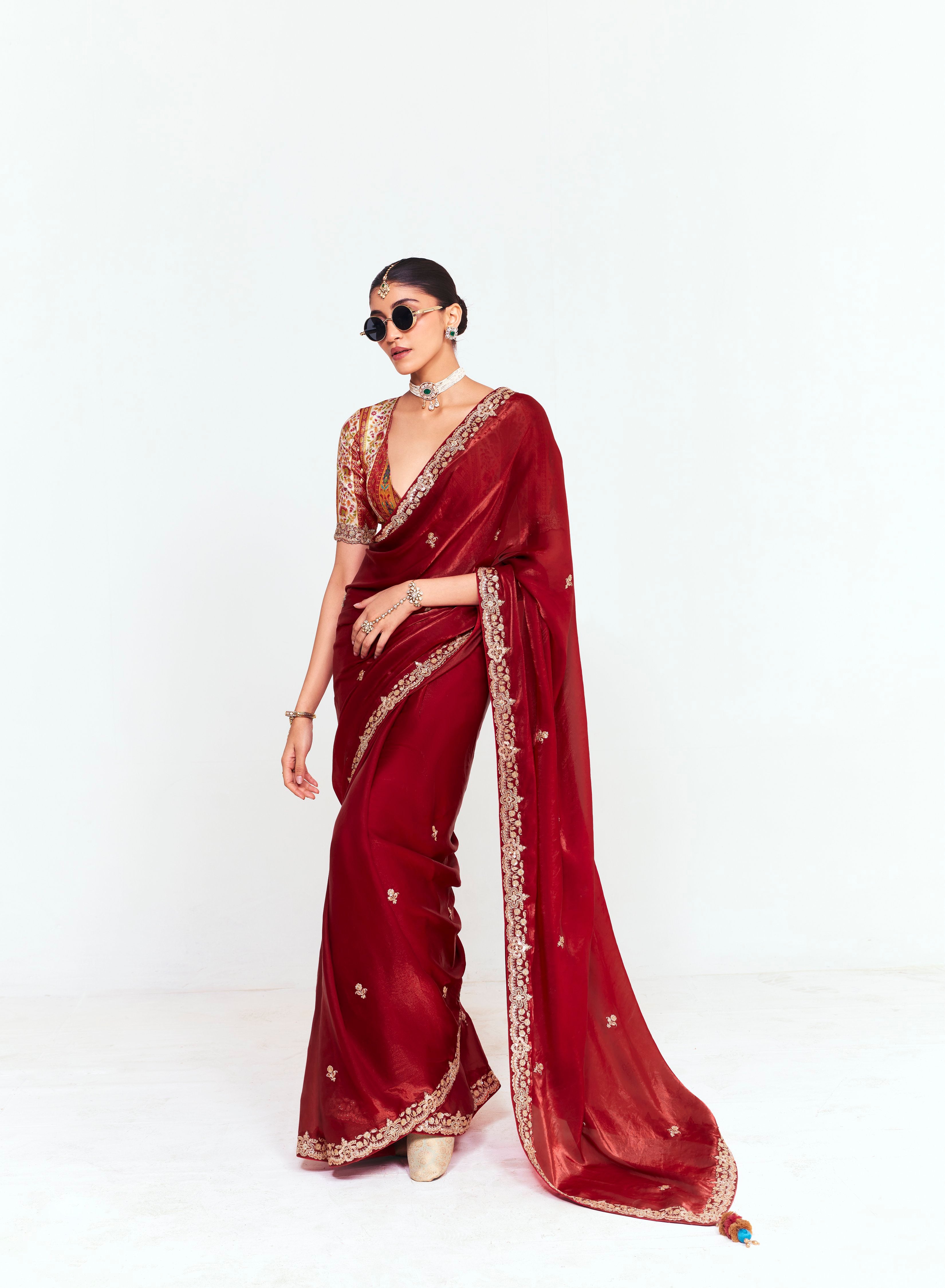 Maroon Organza Tissue With Printed Blouse Saree