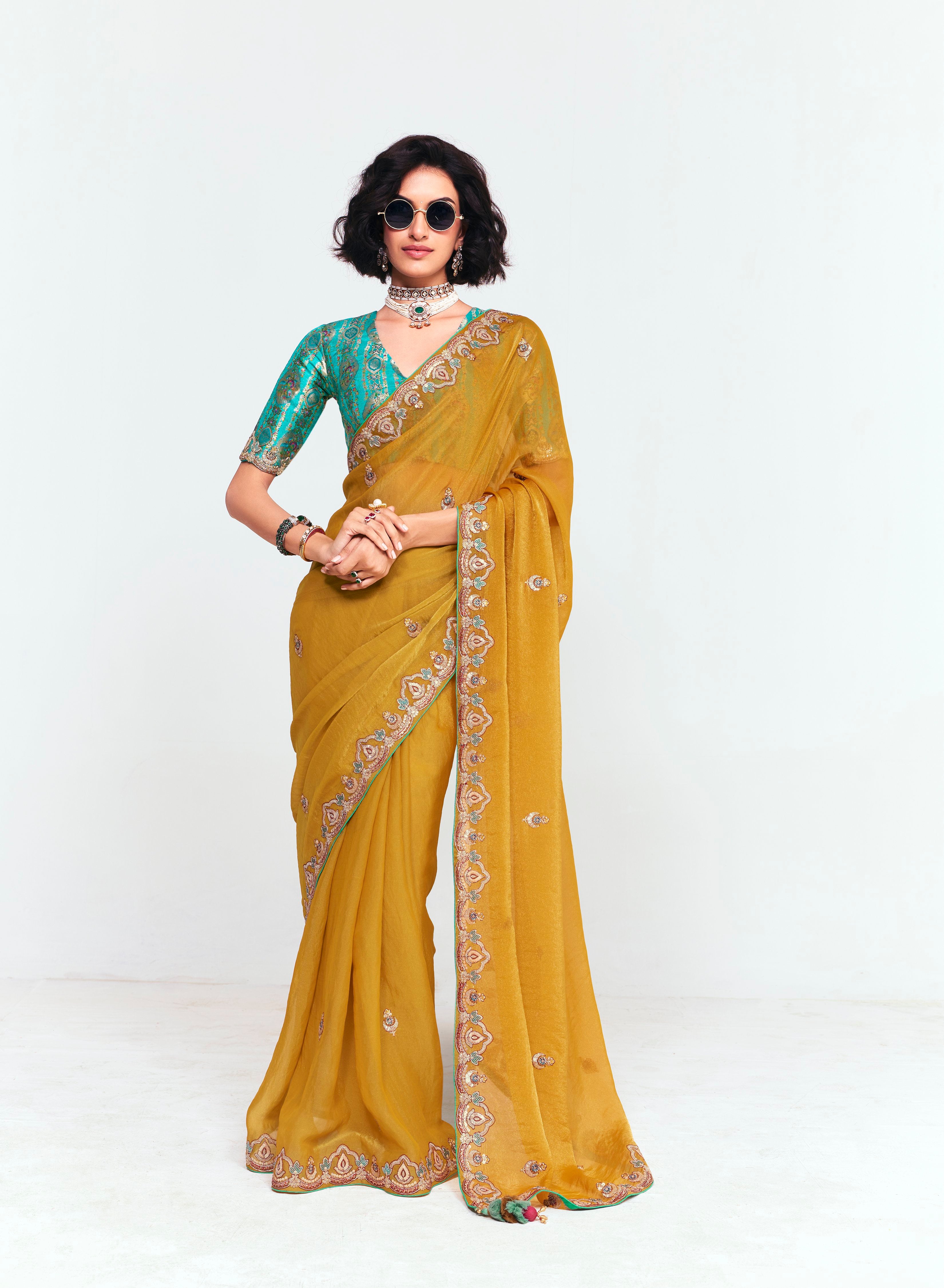 Mustard Organza Tissue With Printed Blouse Saree