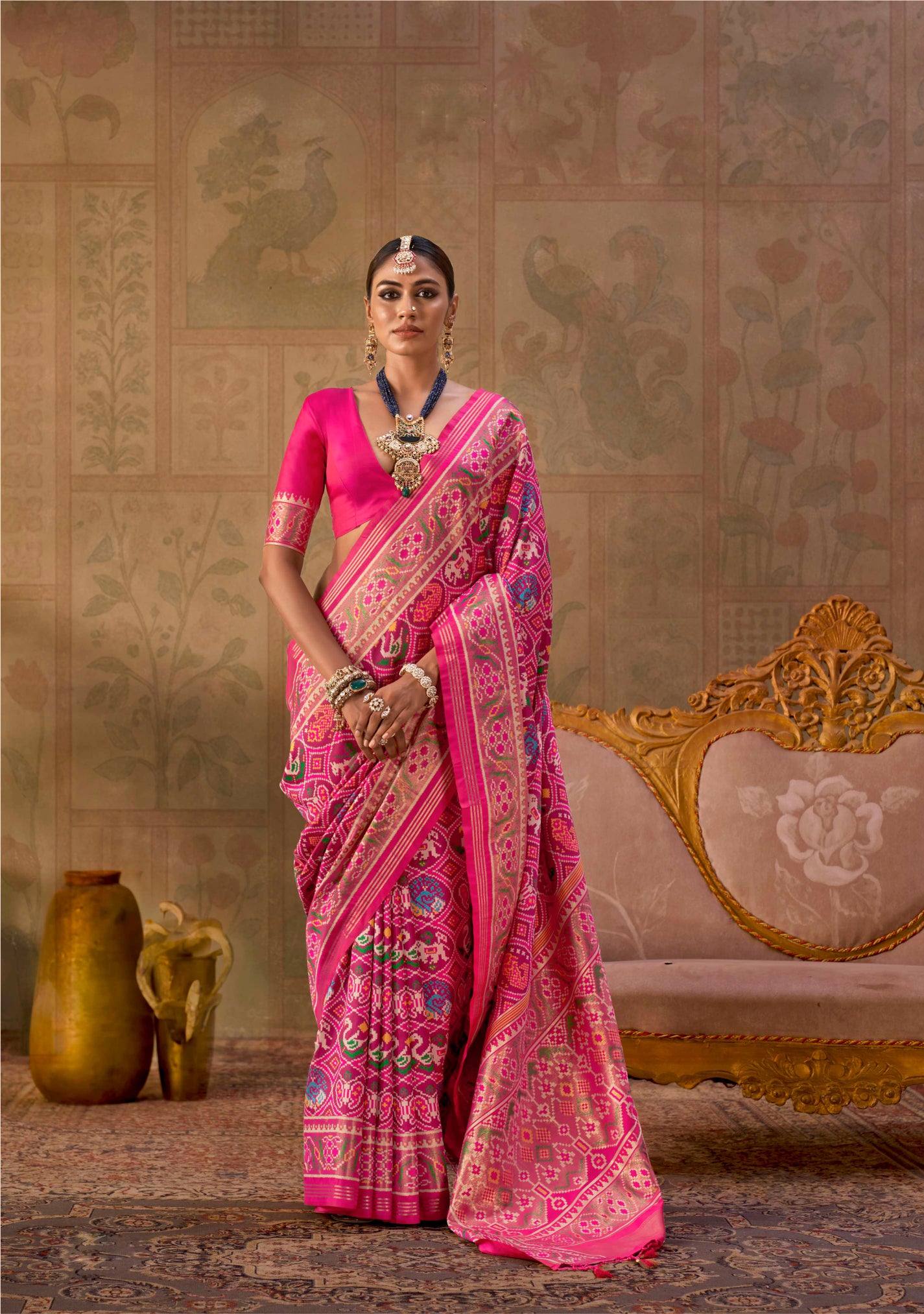 Pink Silk Weaving Patola Tassles Saree