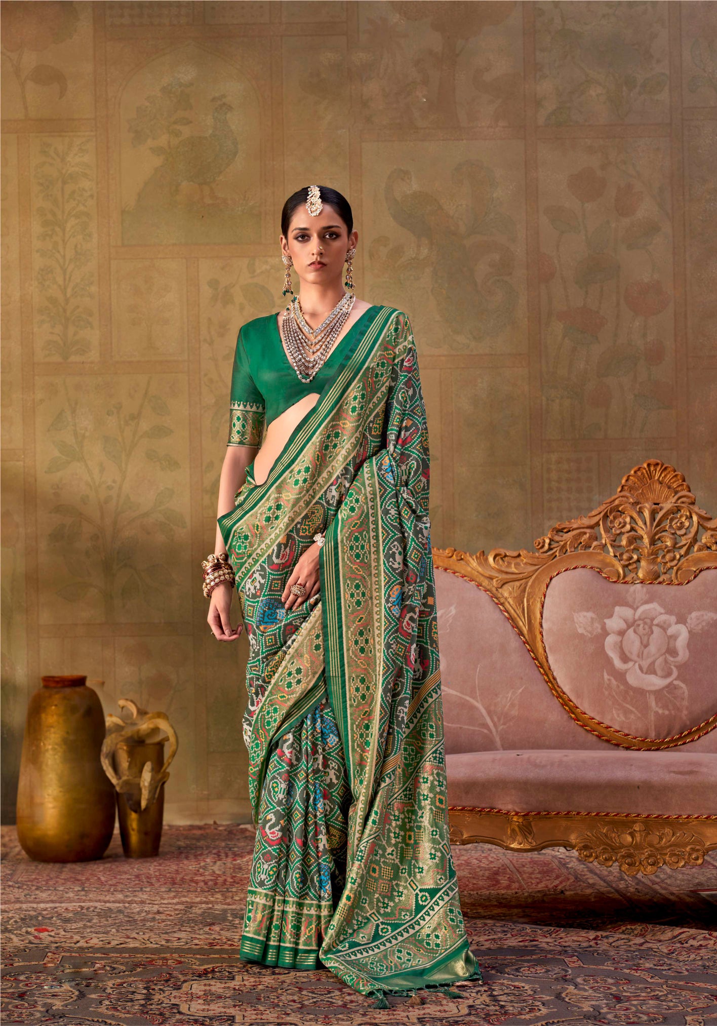 Green Silk Weaving Patola Tassles Saree