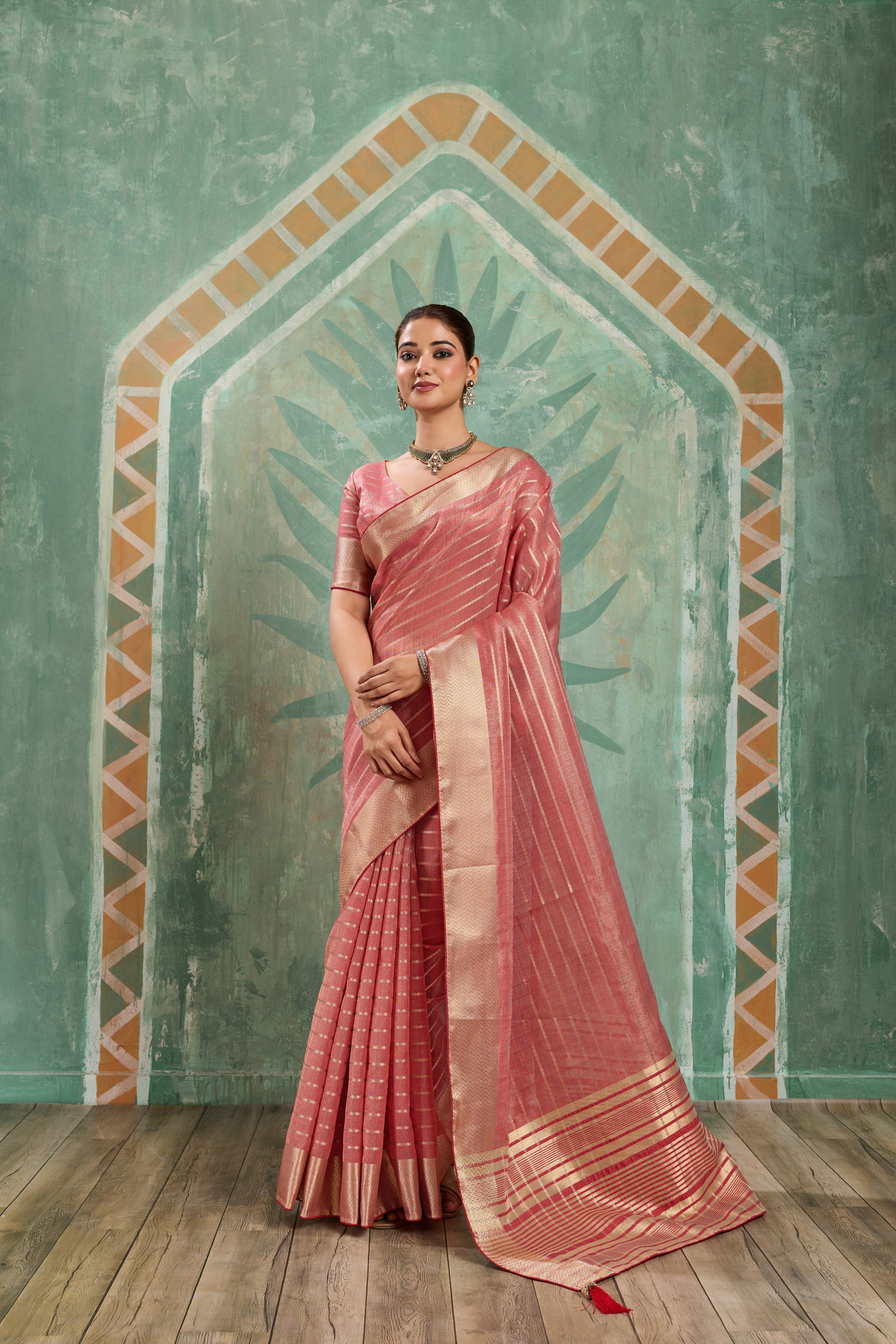 Peach Cotton Tissue Stripes Zari Saree