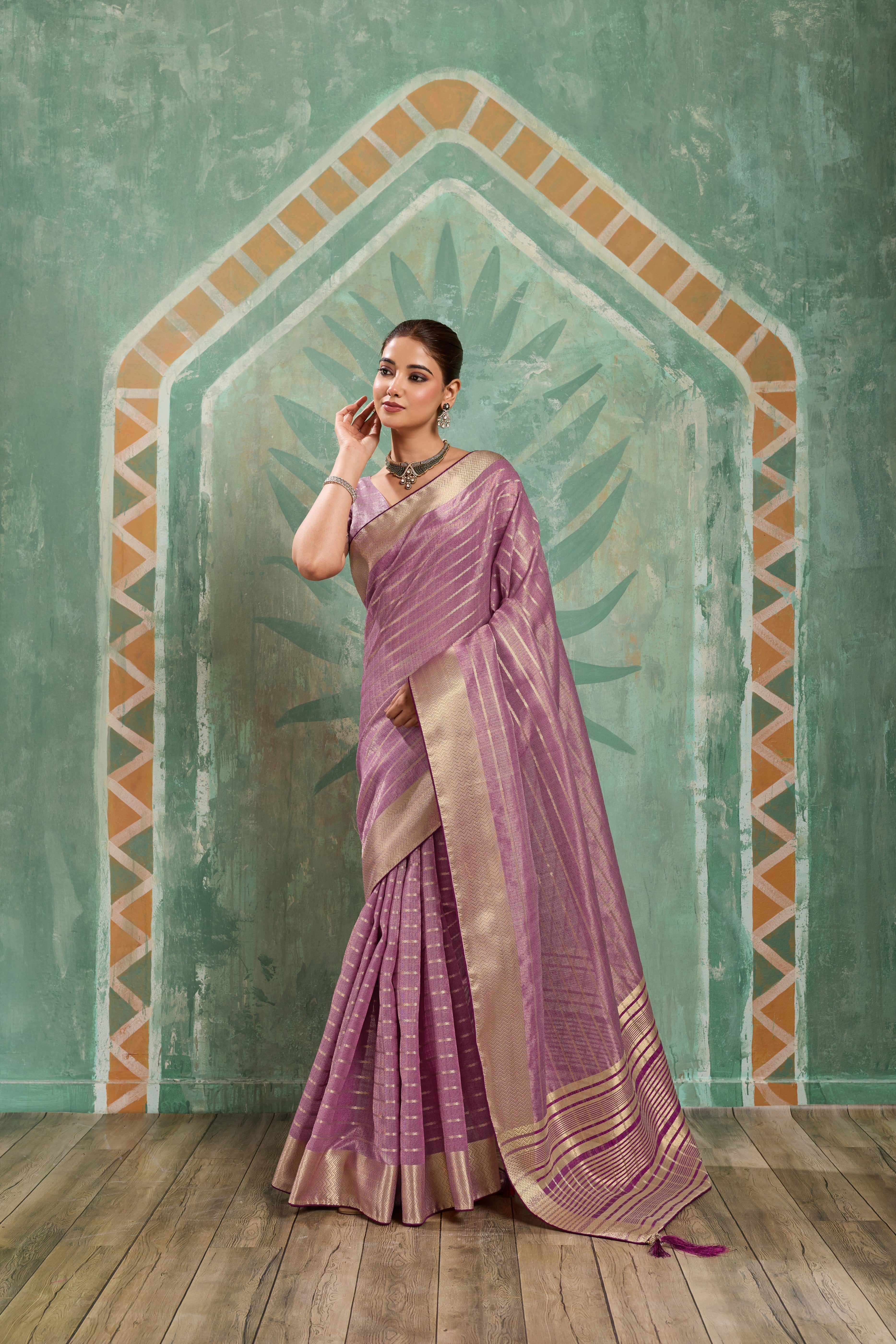 Lavender Cotton Tissue Stripes Zari Saree