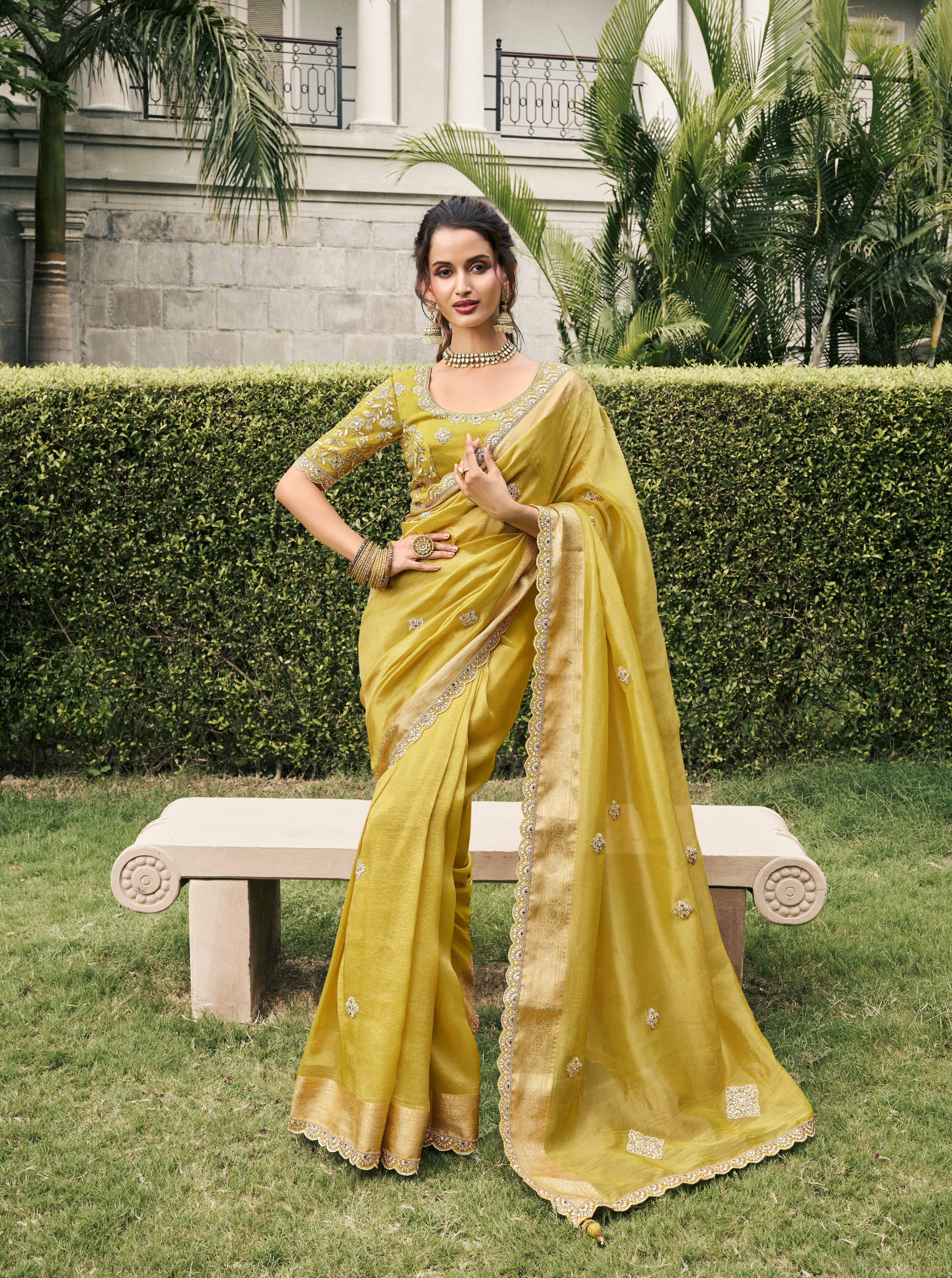 Olive Green Tissue Silk Zari Weaving Work Saree