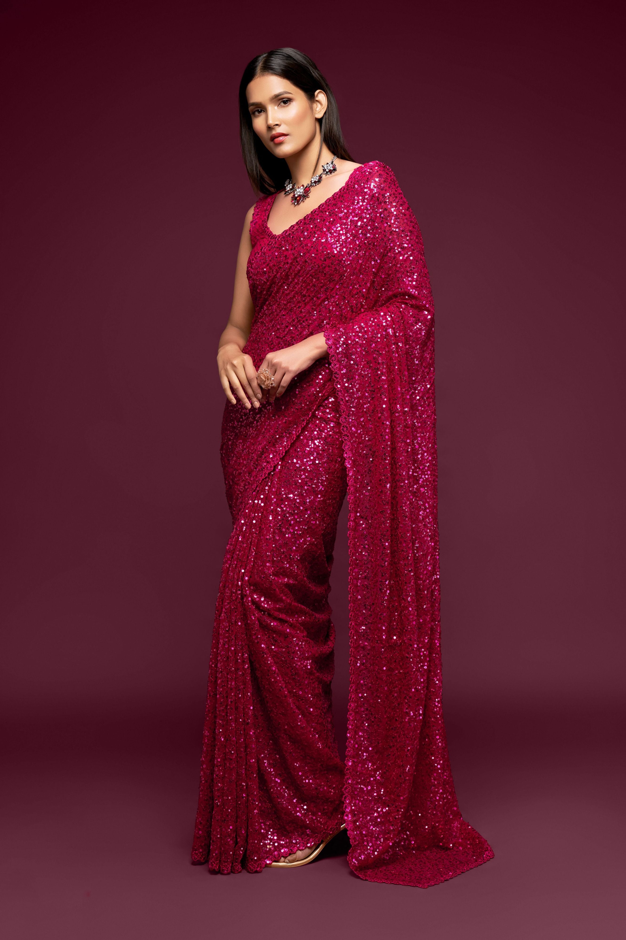 Rani Pink Georgette Sequins Saree