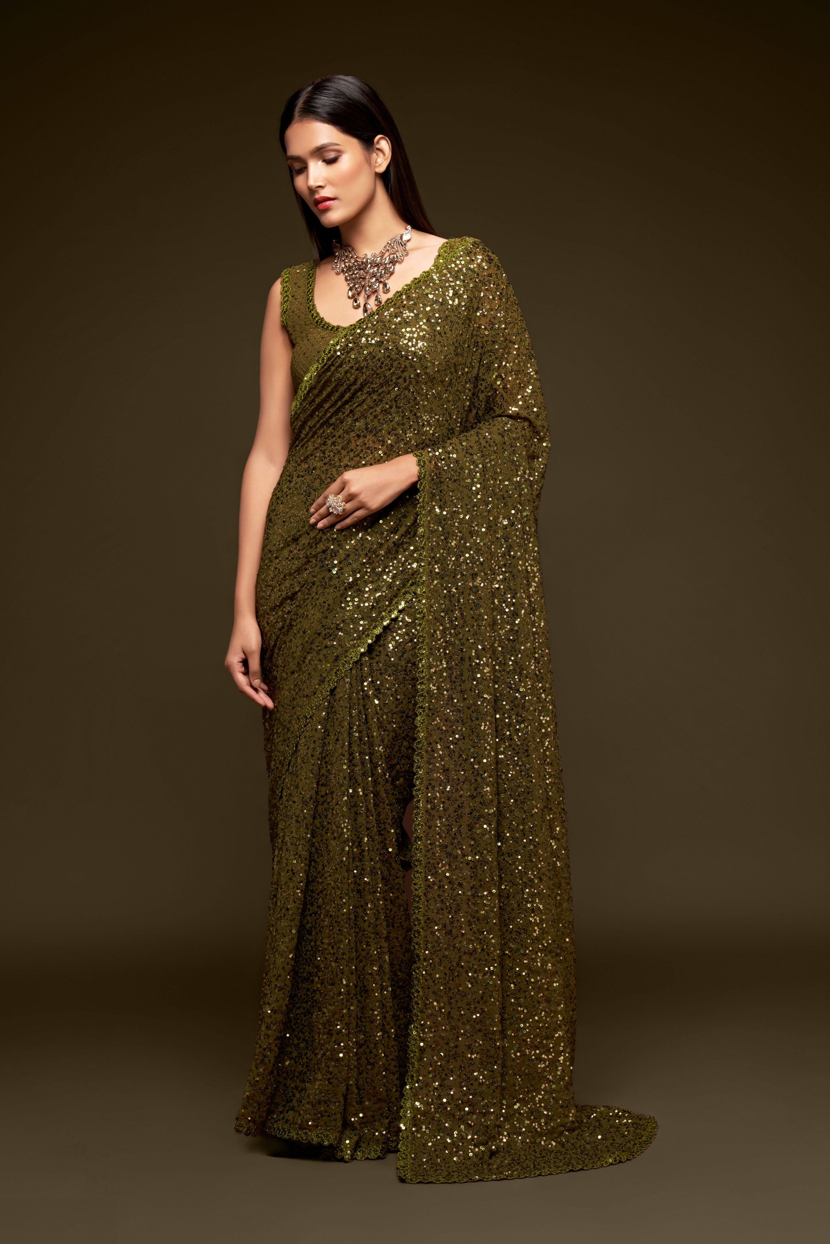 Olive Green Georgette Sequins Saree