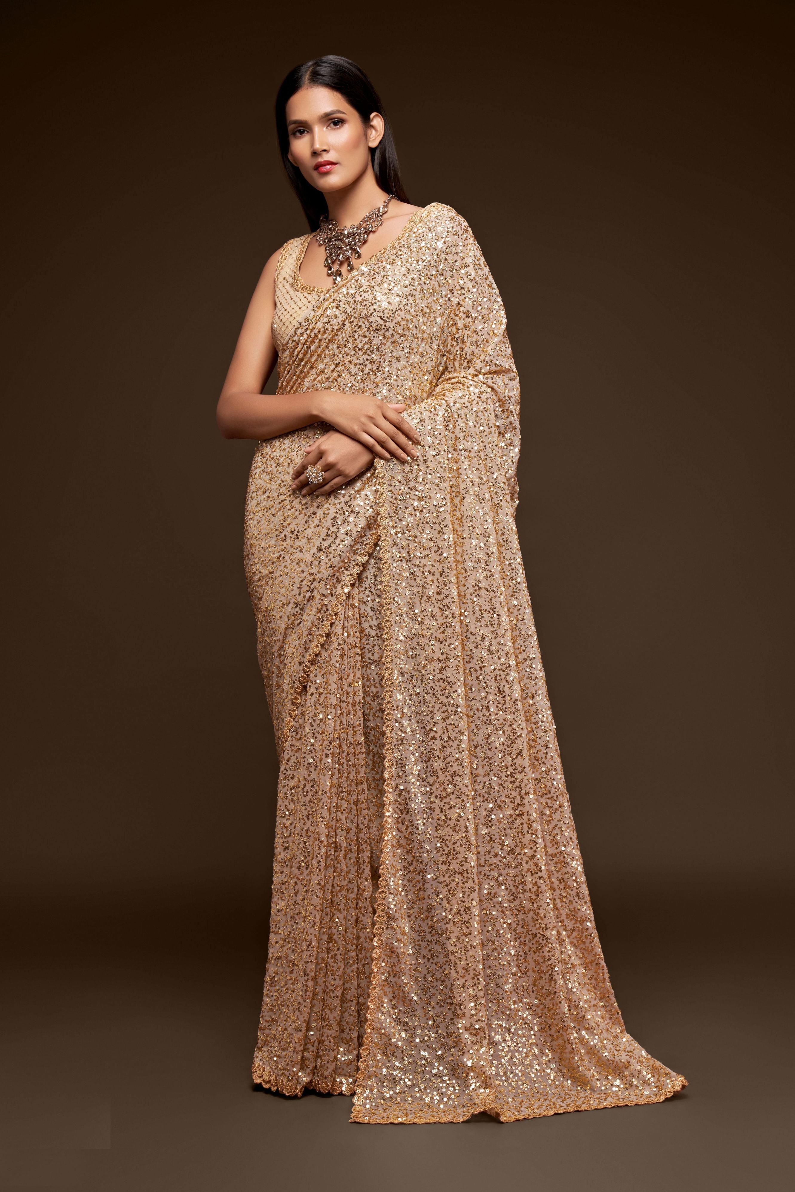 Ivory Georgette Sequins Saree