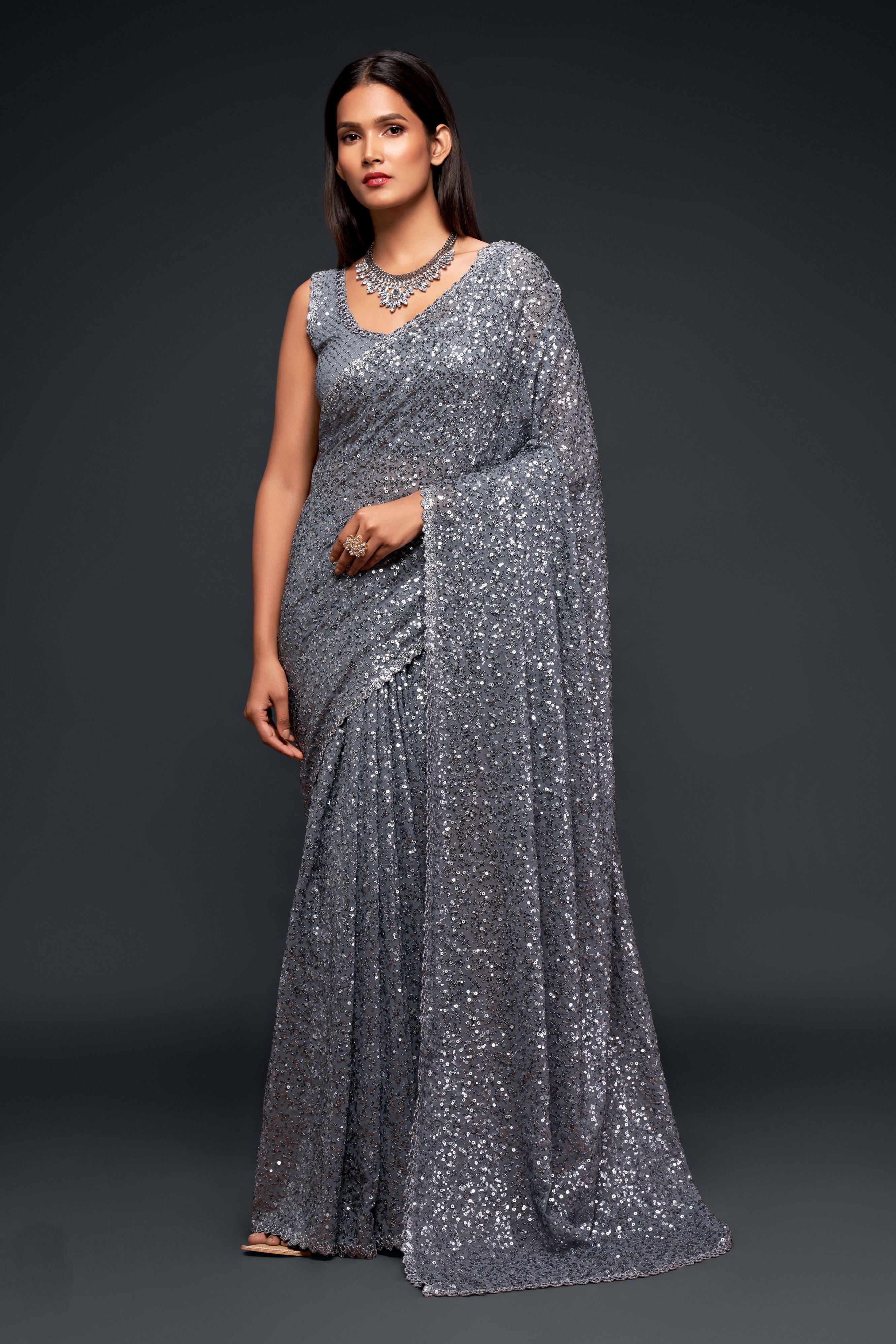 Grey Georgette Sequins Saree