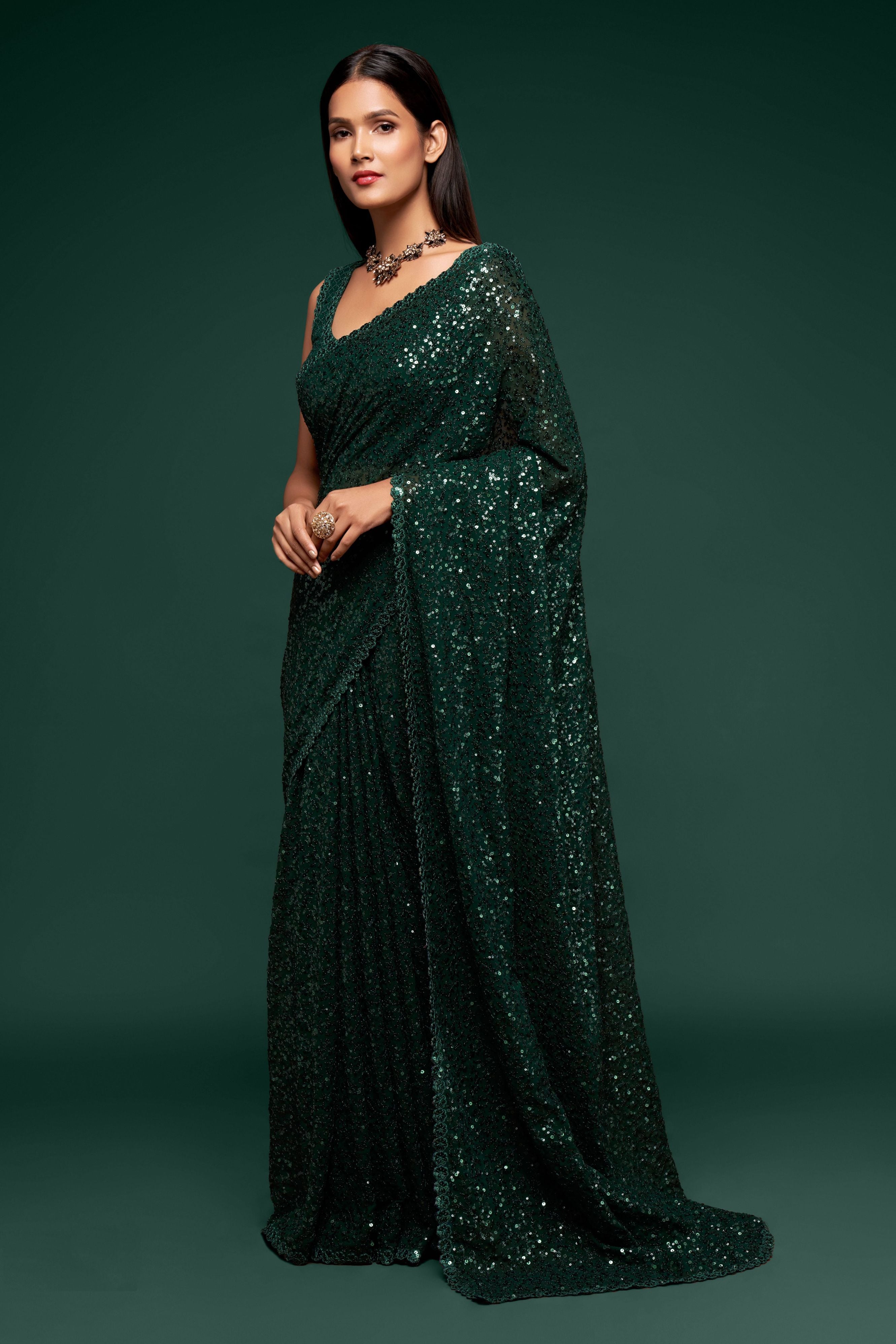 Dark Green Georgette Sequins Saree