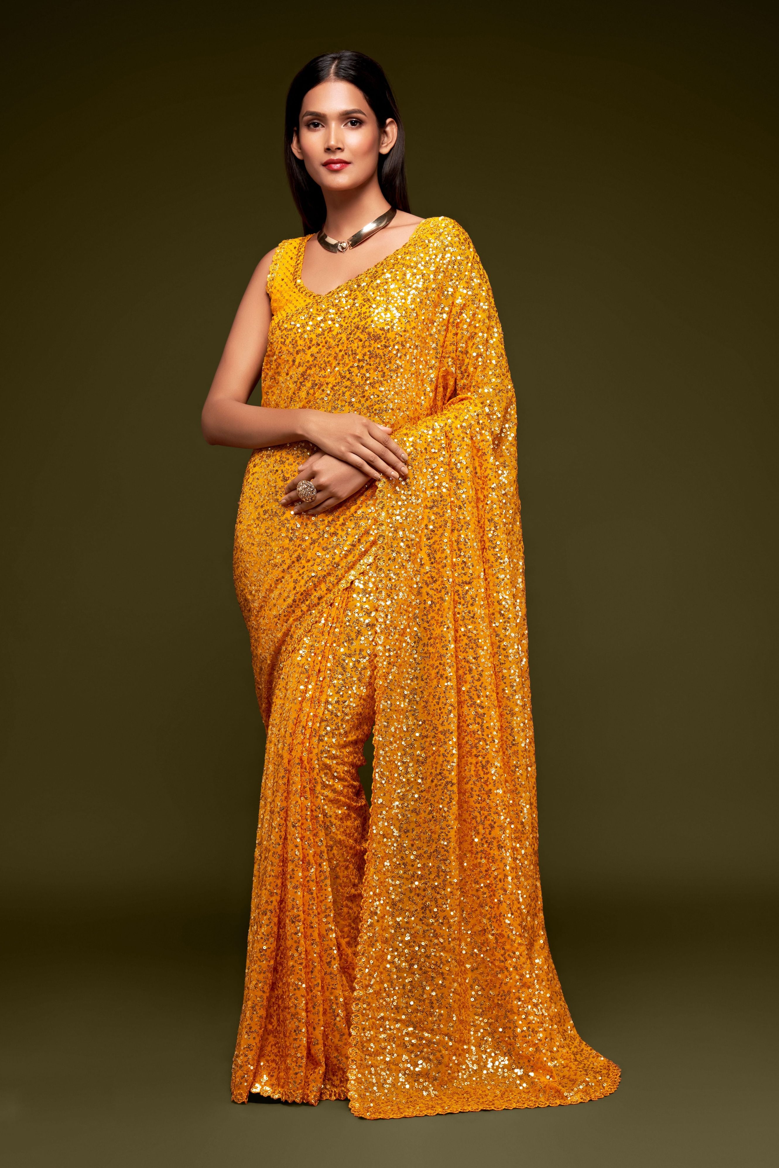 Yellow Georgette Sequins Saree