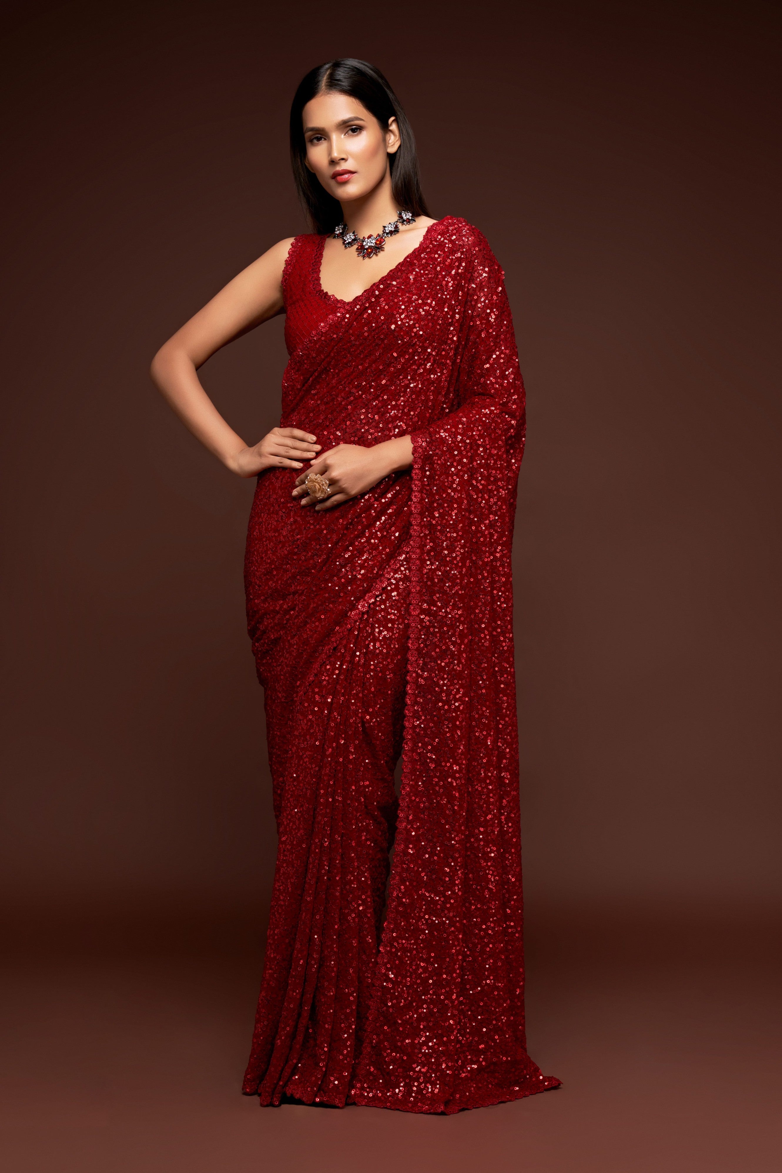 Red Georgette Sequins Saree
