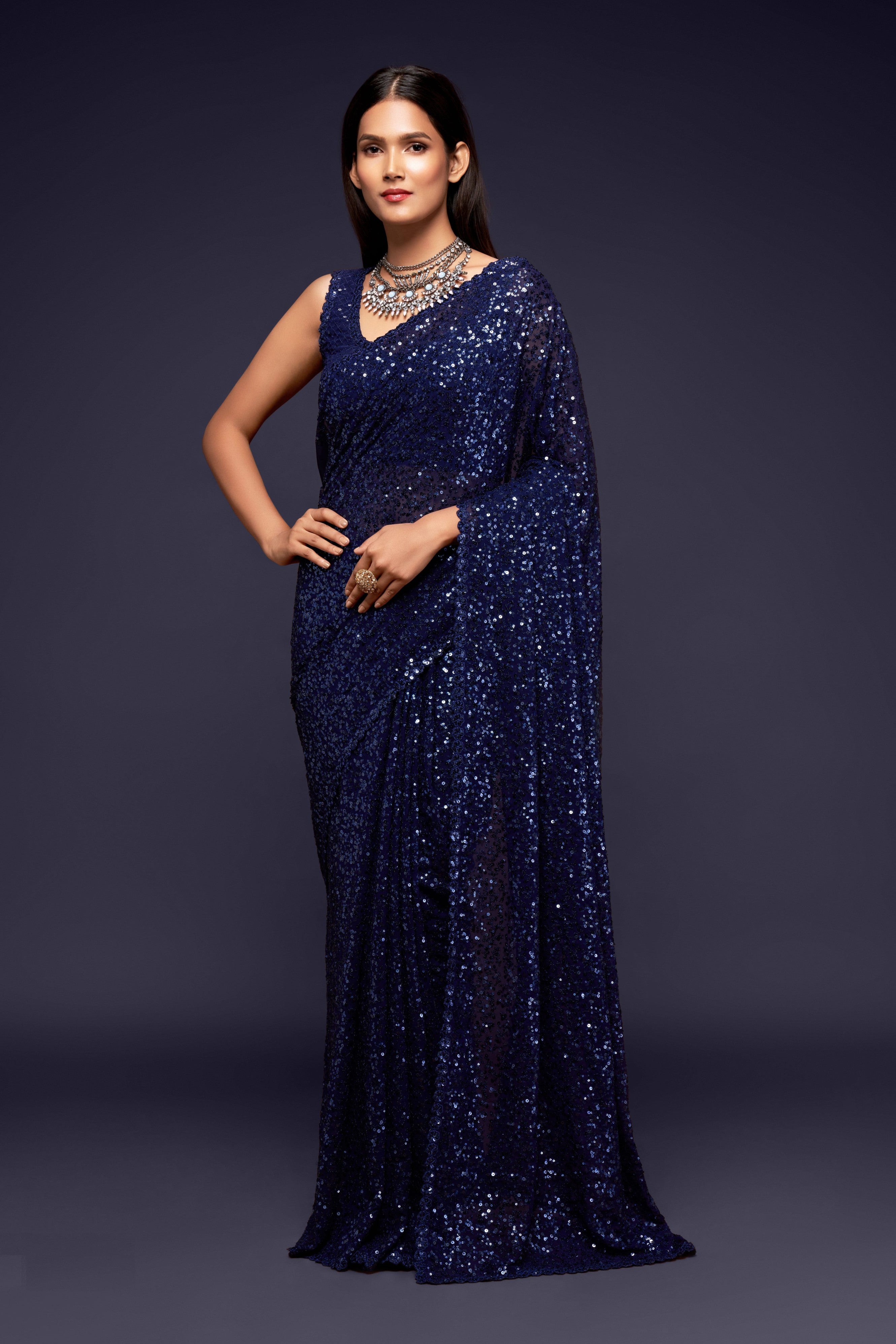 Navy Blue Georgette Sequins Saree