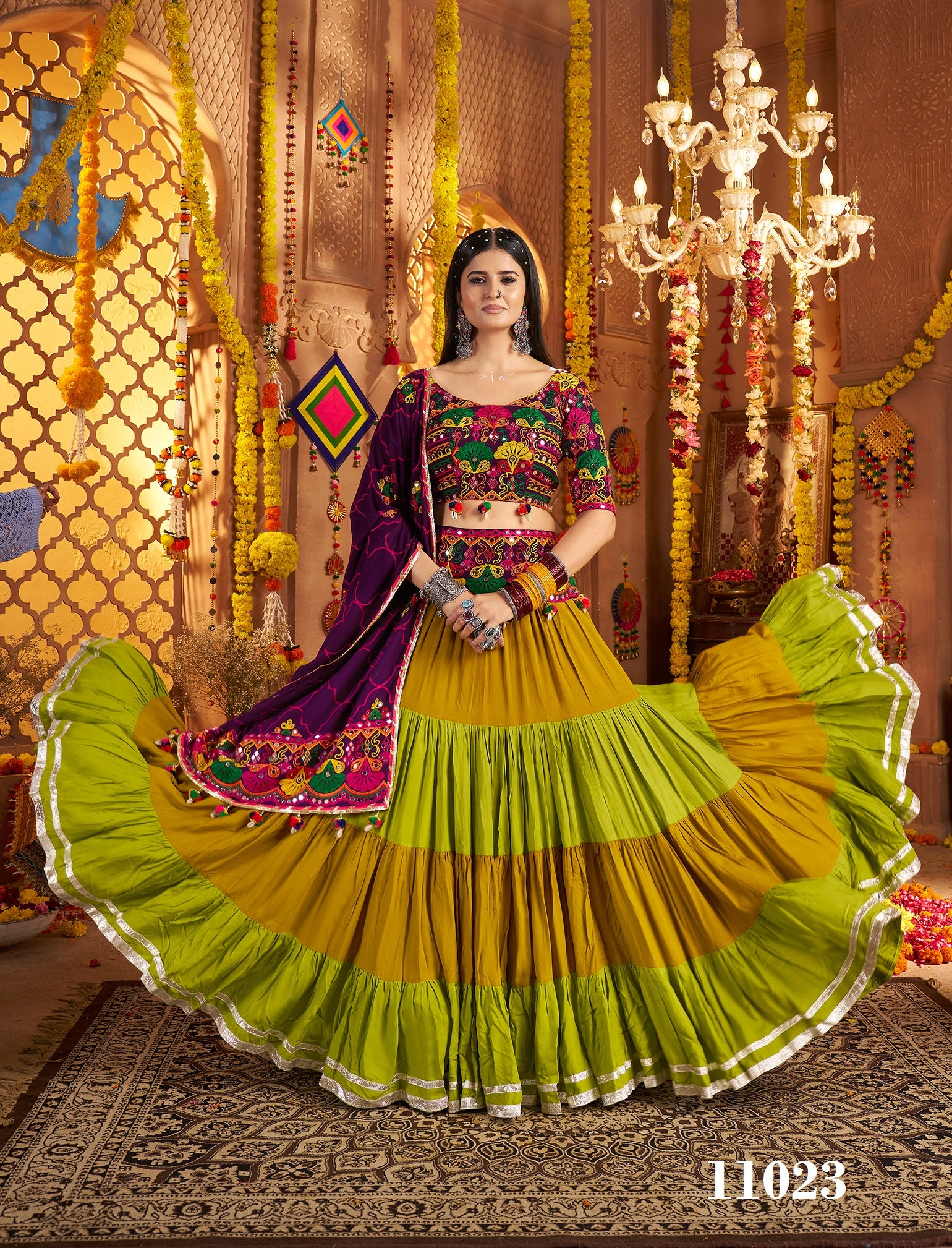 Parrot Green Viscose Cotton Navratri Collection Lehenga Choli