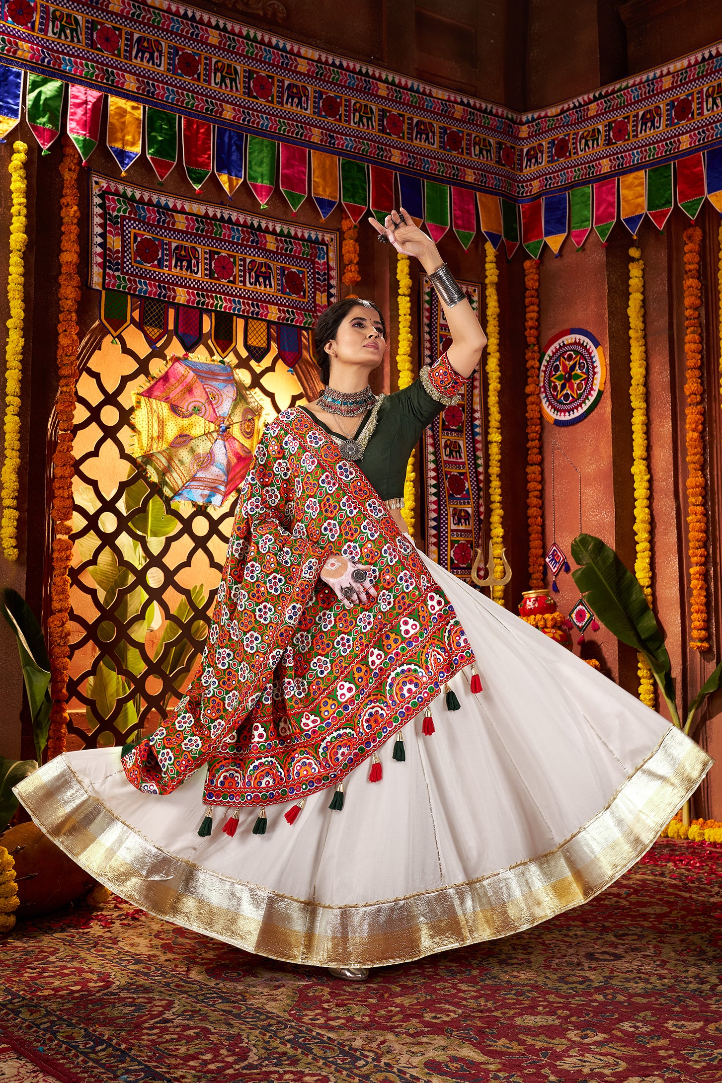 White Silk Mirror work Lehenga choli