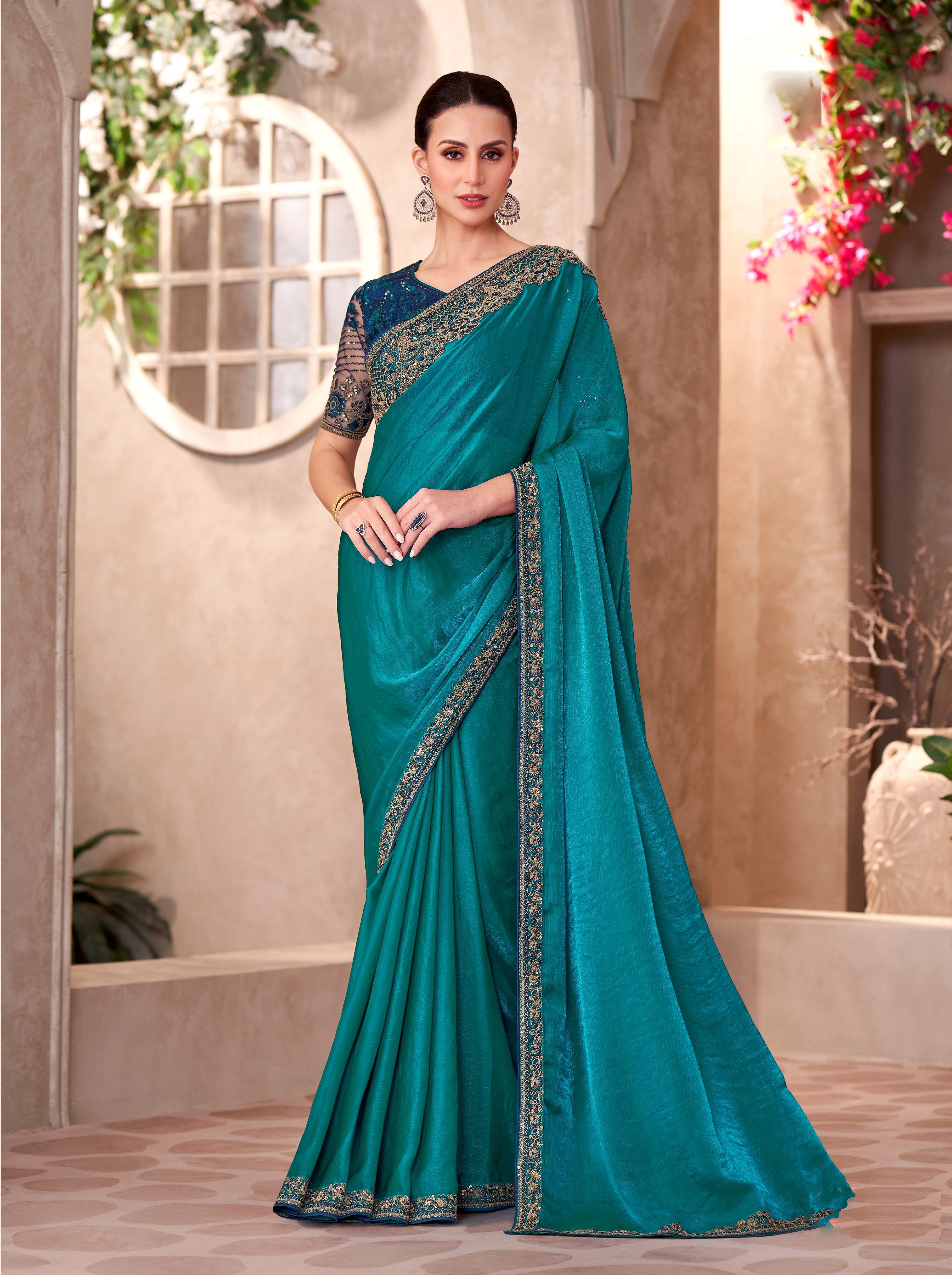 Peacock Blue Sartin Georgette Linen Work Saree