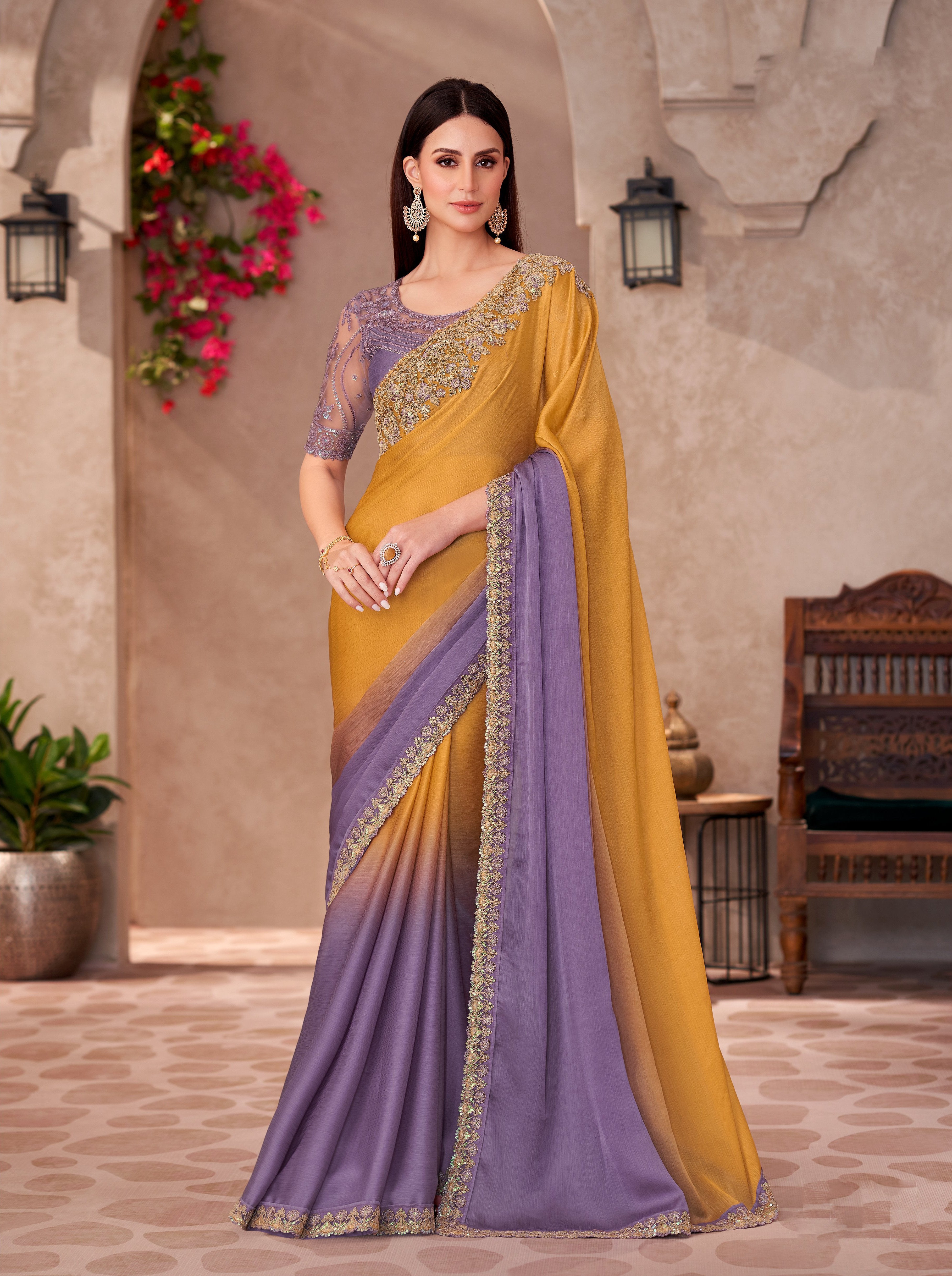 Yellow Majestic Shaded Chiffon Linen Work Saree